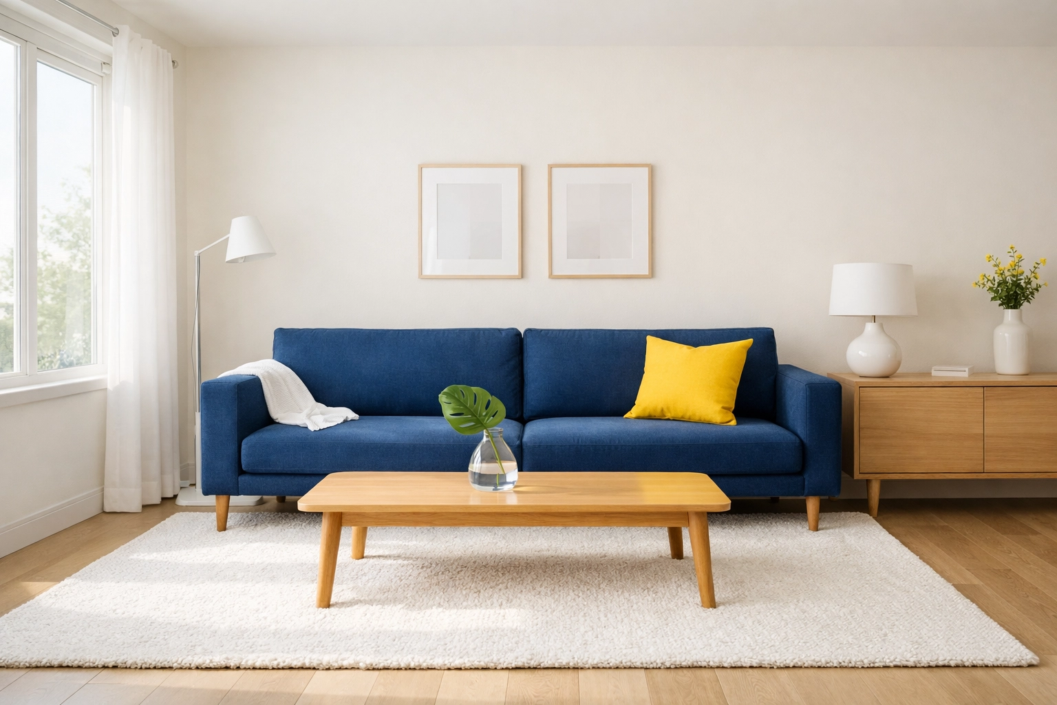 Clean minimalist living room maintained by weekly house cleaning Leominster MA services.
