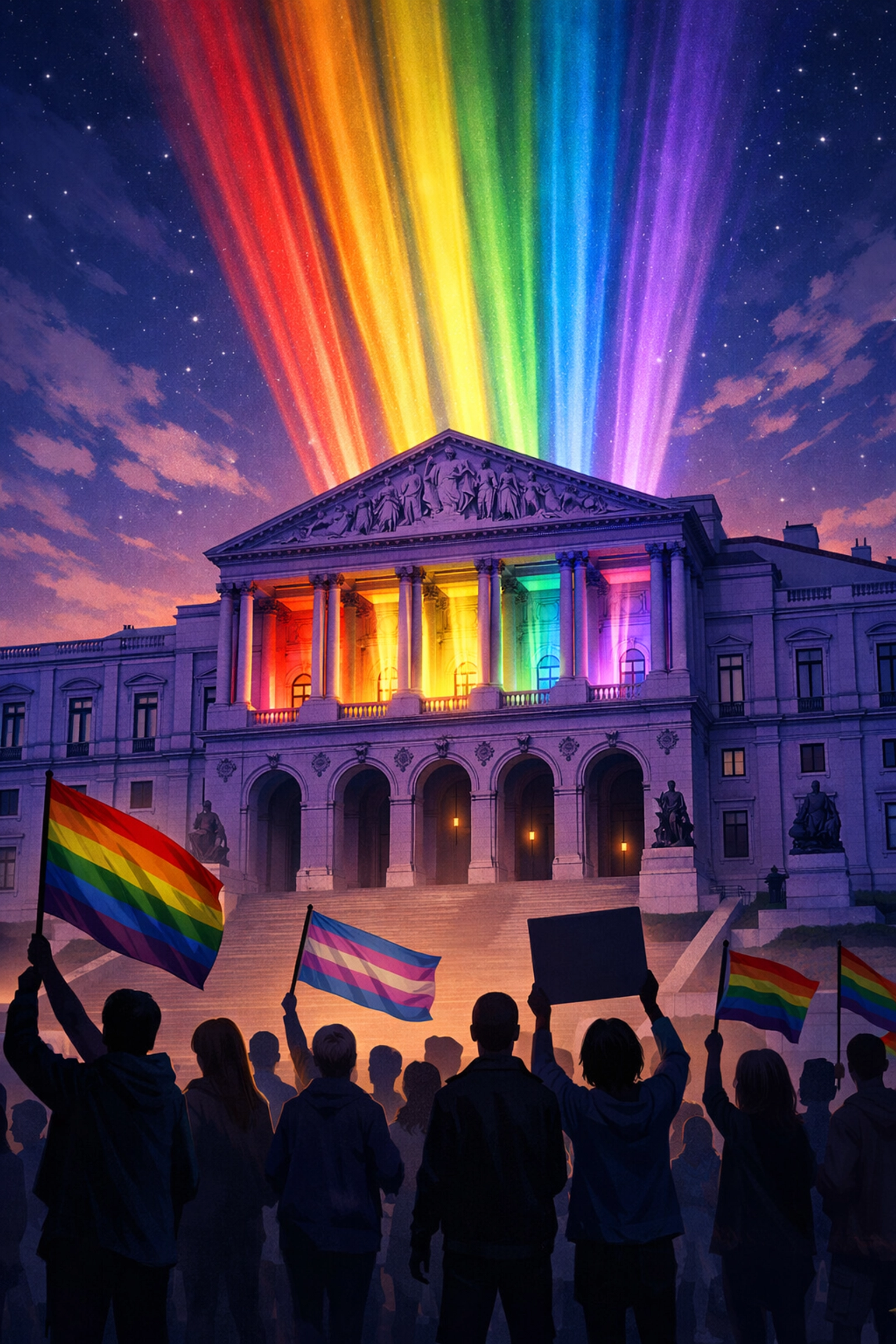 Portuguese Parliament building during marriage equality debate with LGBTQ+ pride supporters