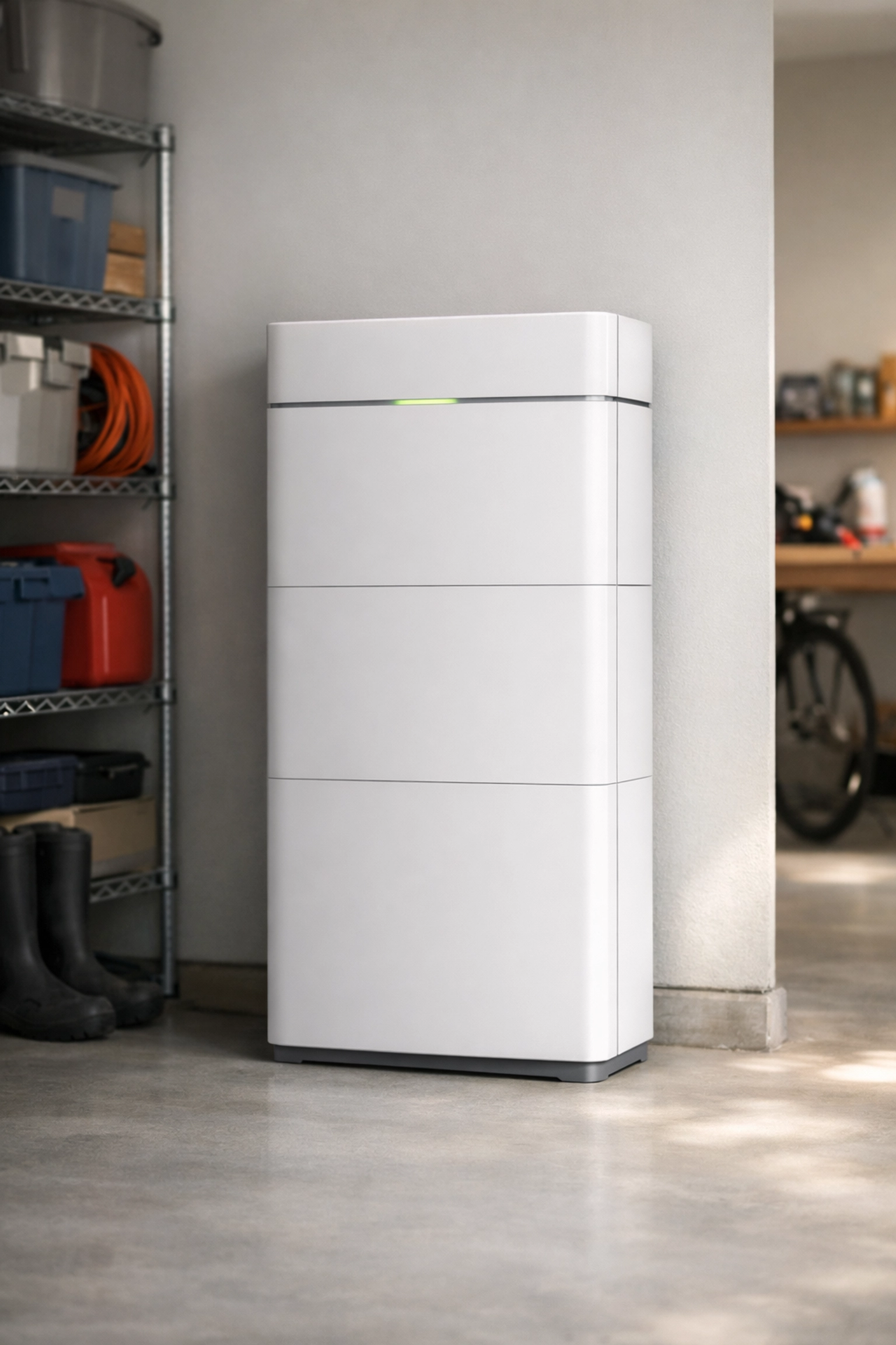 A modern home battery backup system in a clean garage for reliable power during Phoenix heatwaves.