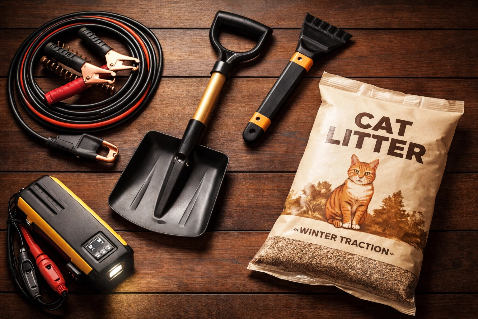 Winter car emergency tools including jumper cables, ice scraper, snow shovel, and cat litter