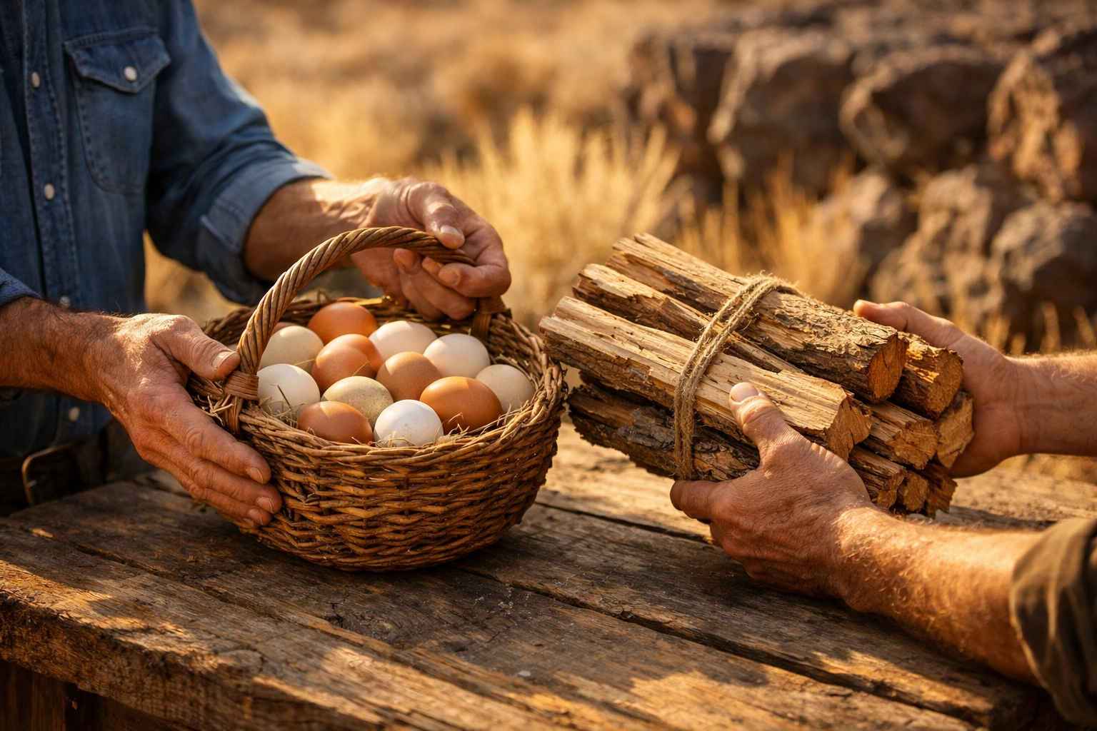 Jason bartering fresh eggs for juniper firewood to build a self-sufficient homestead community.