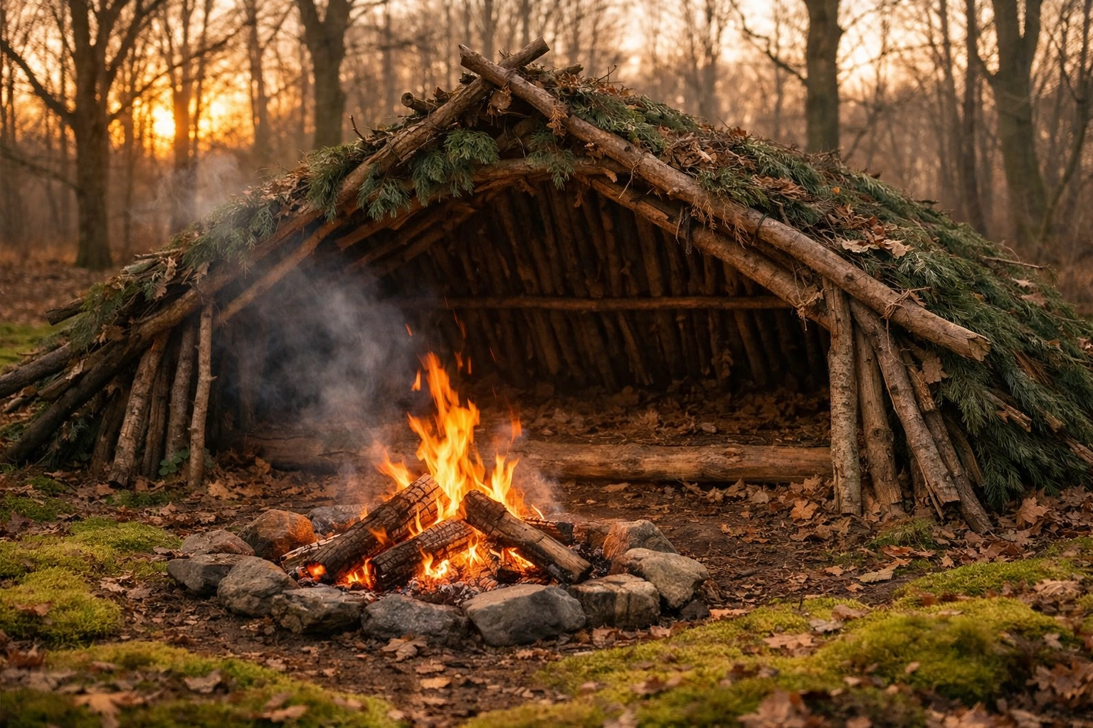 Open-fronted lean-to shelter with campfire for winter camping adventure UK