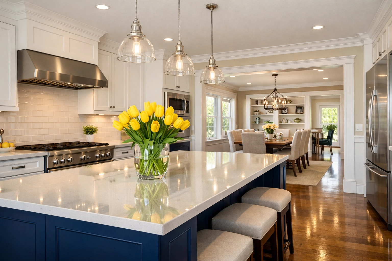 Spotless luxury kitchen in Southborough featuring white cabinets and a blue island, cleaned by professional bi-weekly services.