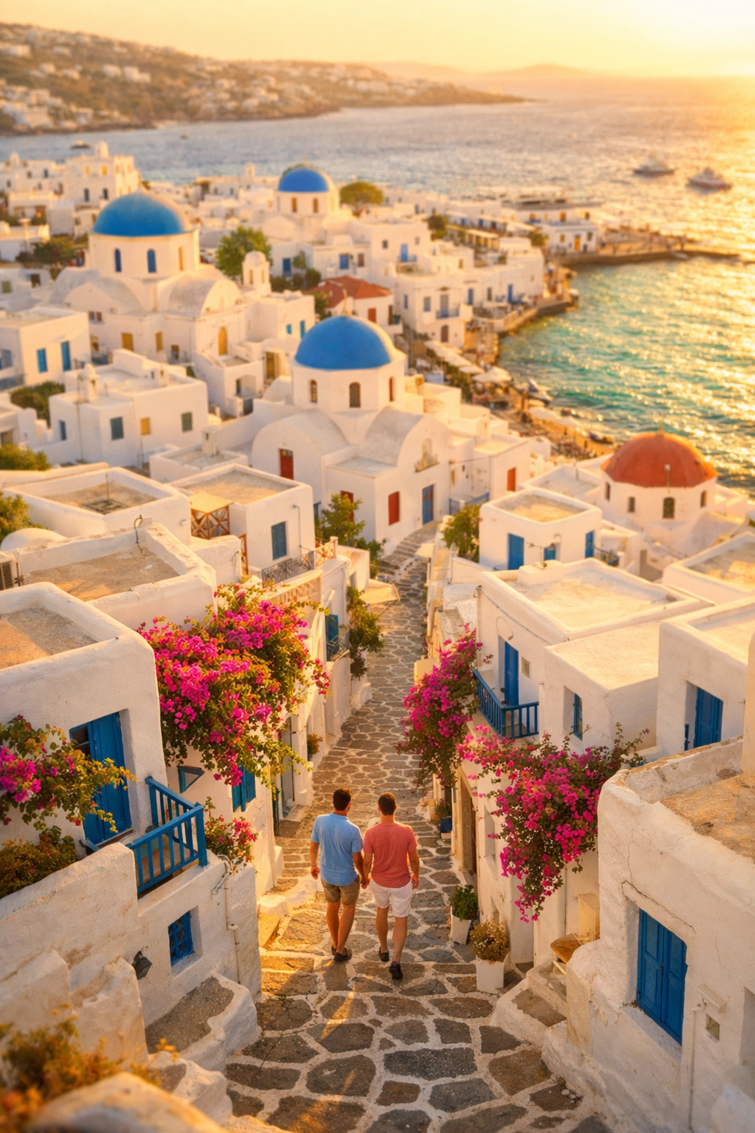 Gay couple walking hand-in-hand through whitewashed streets of Mykonos Town at sunset