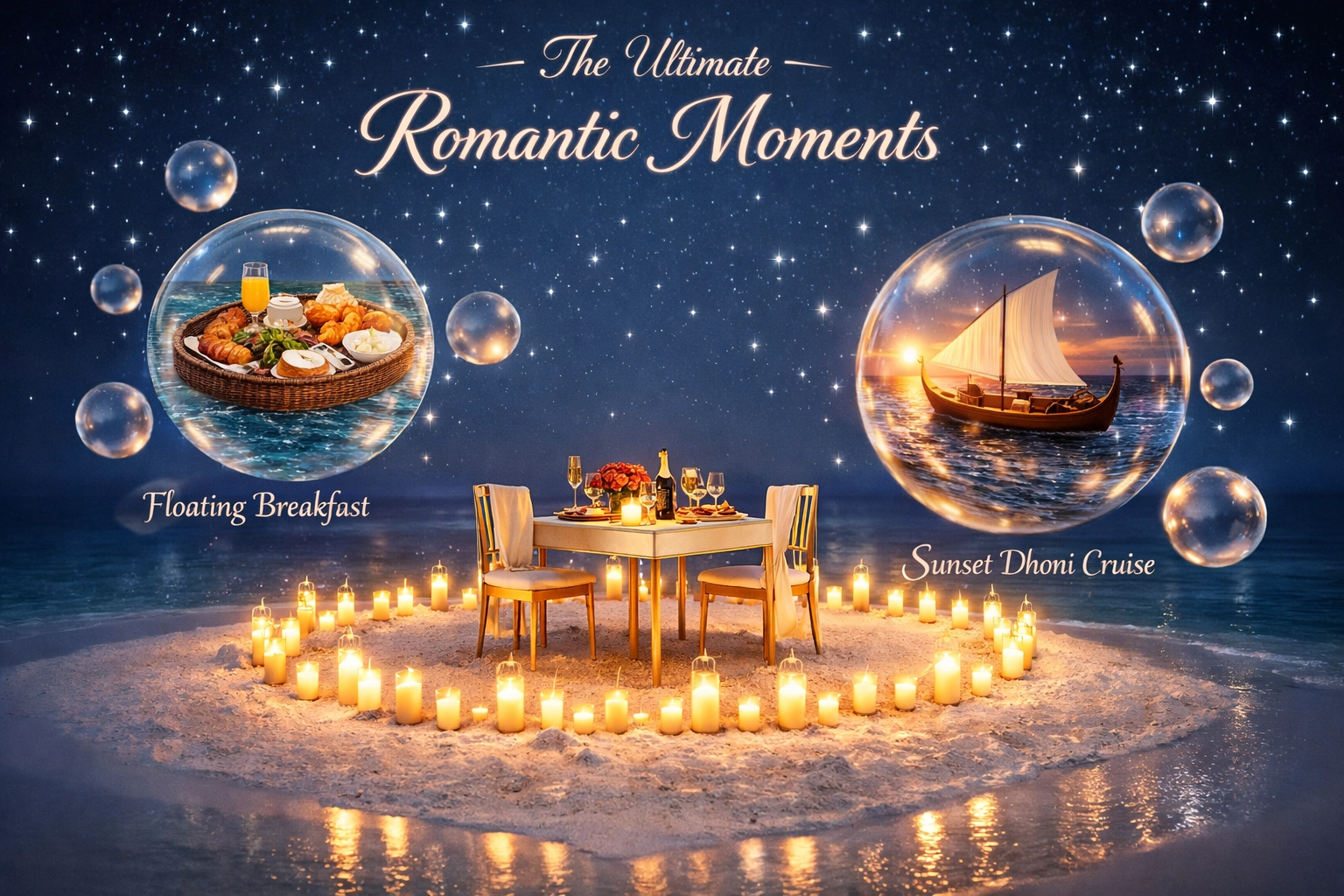 Luxury Maldives honeymoon experiences showing romantic sandbank dining, floating breakfasts, and sunset dhoni cruises.