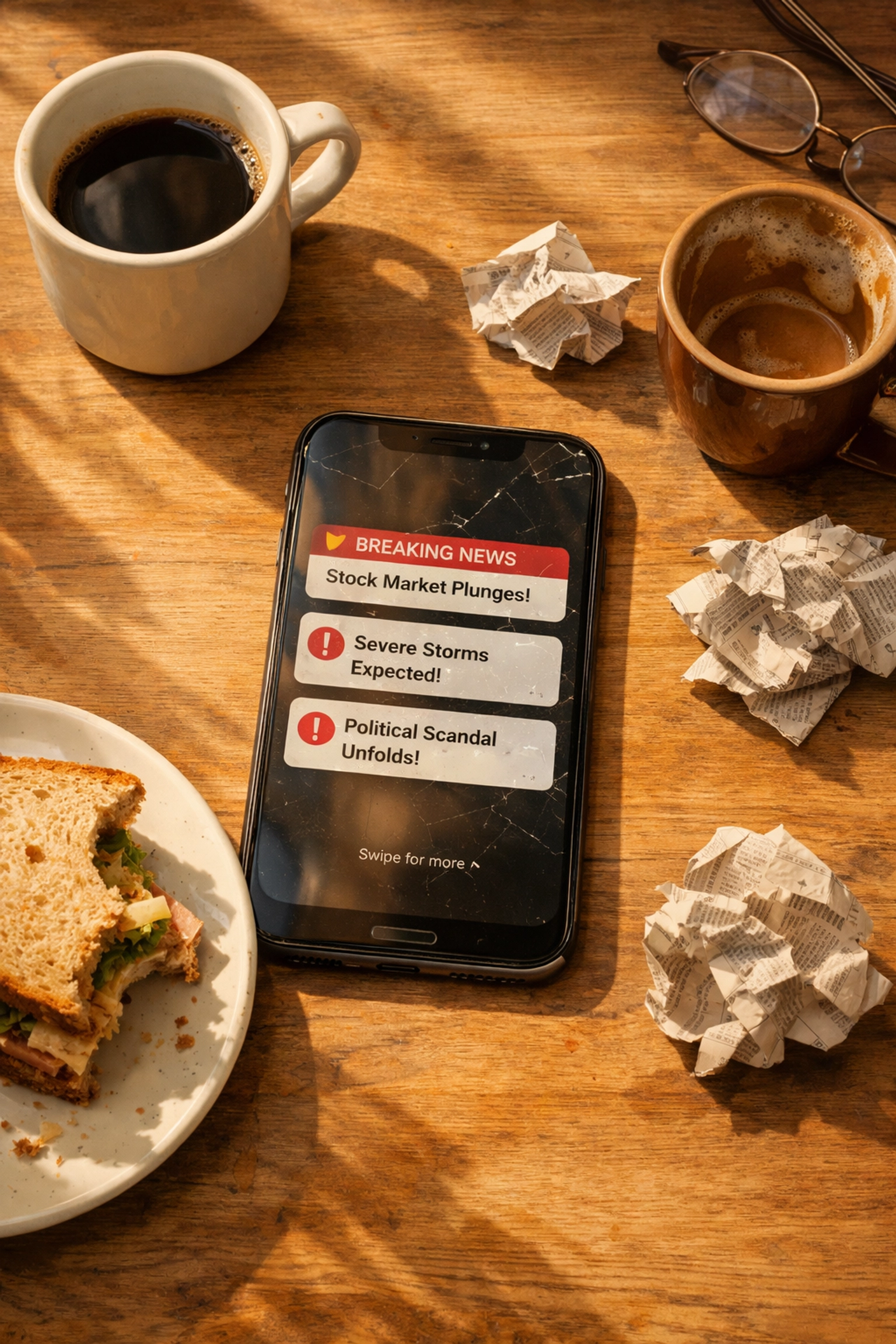 Smartphone with news notifications on desk during lunch break showing midday information overload