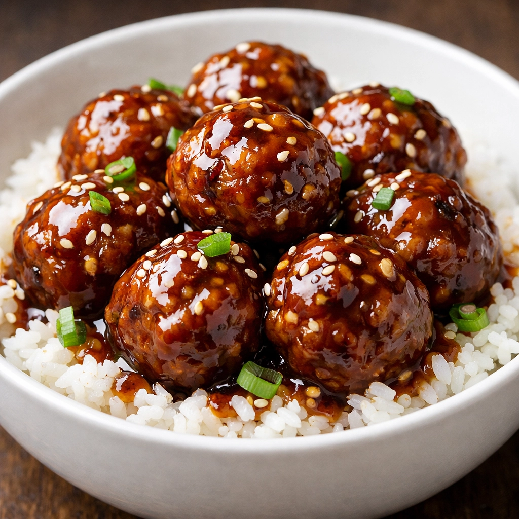 Glazed honey garlic meatballs served over white rice, a sweet 5-ingredient dinner for kids.