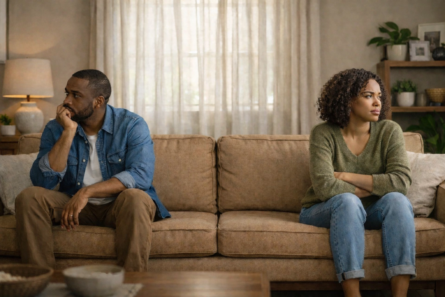 Black couple sitting apart on sofa showing relationship strain from family conflict