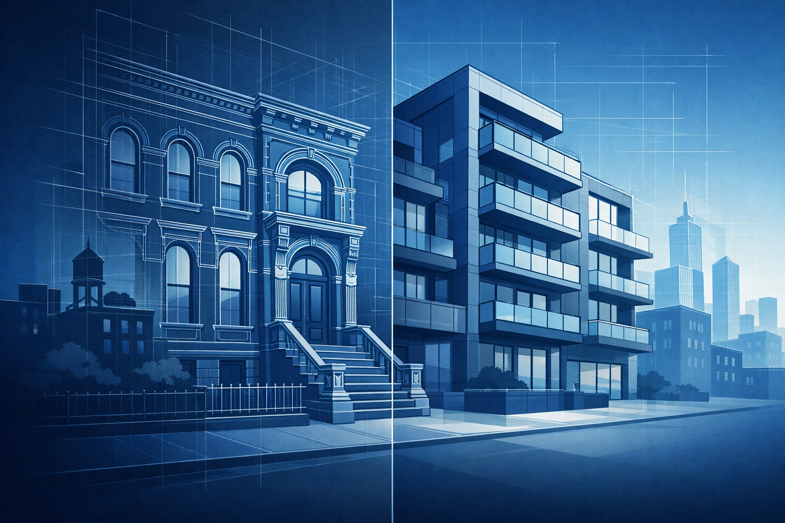 Illustration of historic brownstones and modern apartment buildings in Park Slope and Prospect Heights.