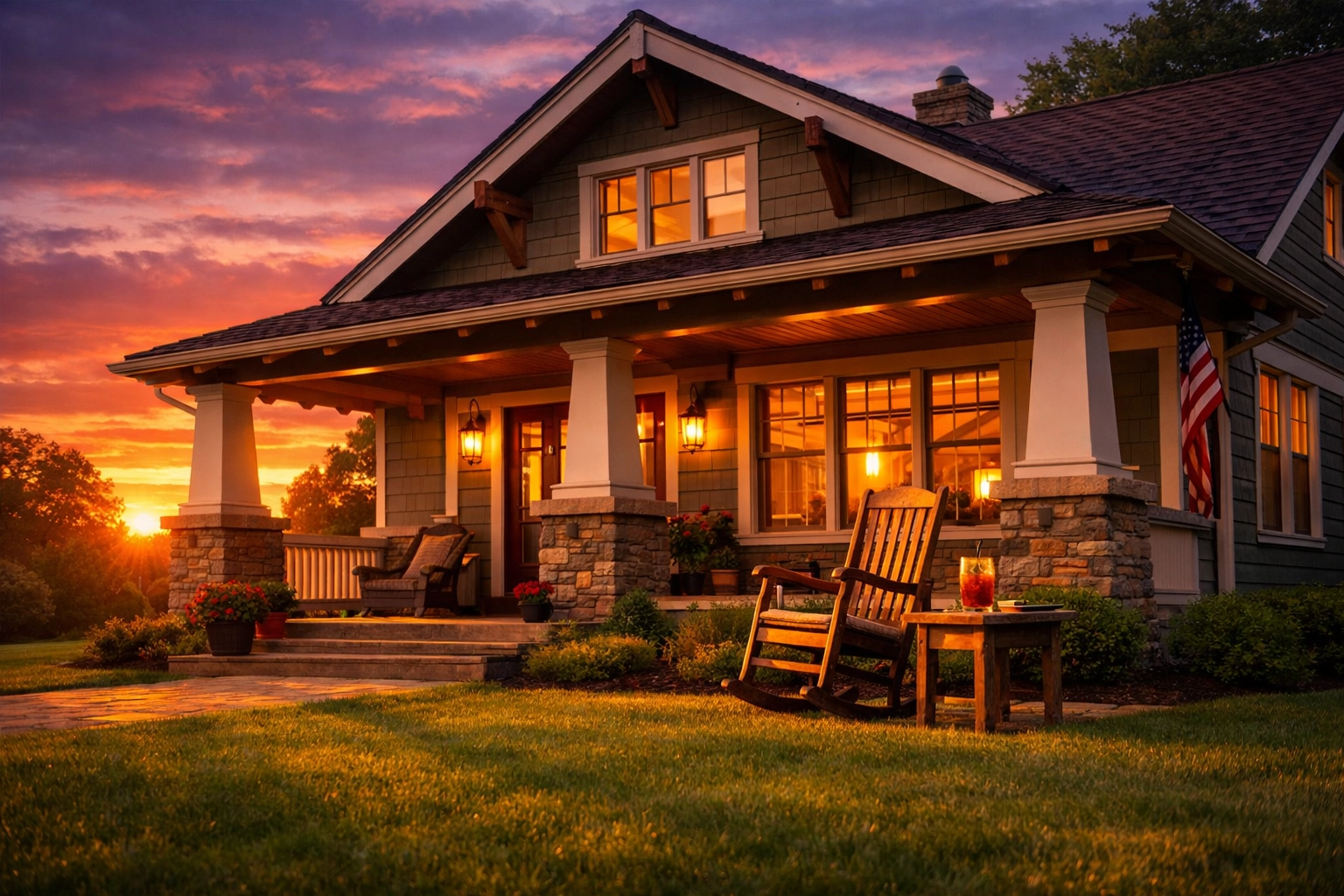A peaceful Indiana home at sunset representing property tax exemptions and financial security for disabled veterans.