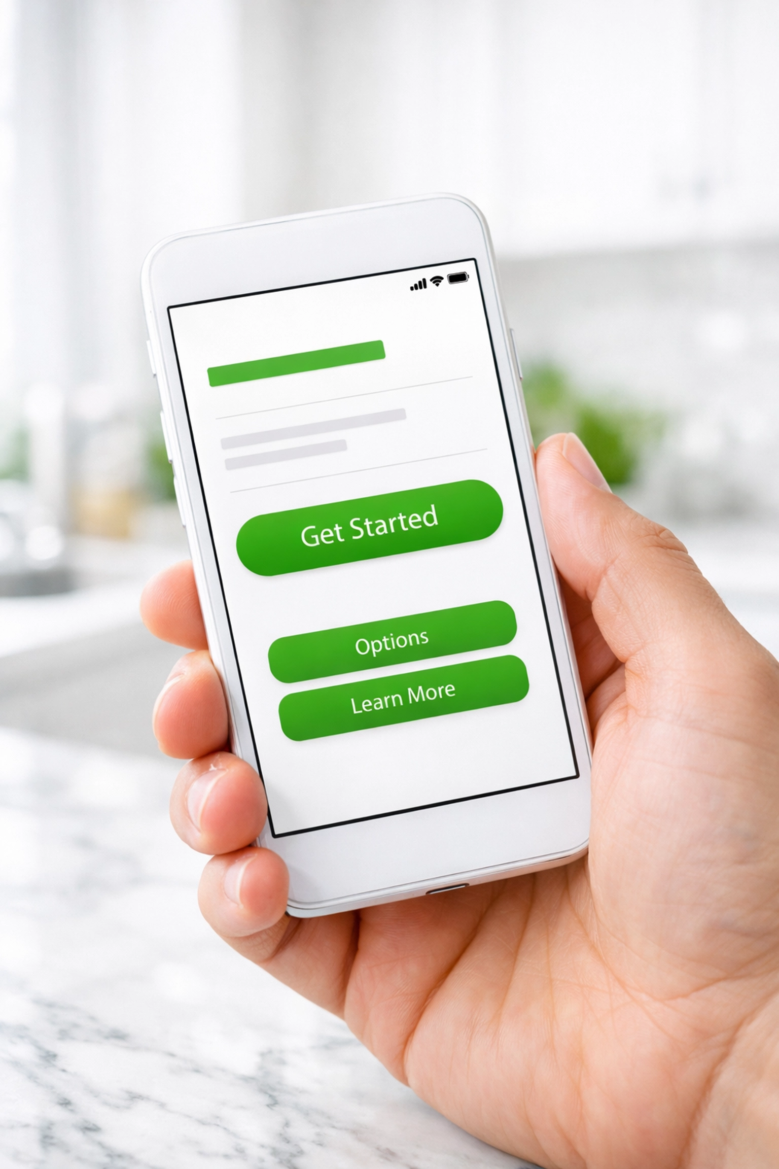 Person using a fast-loading mobile-optimized website on a smartphone in a bright kitchen setting.