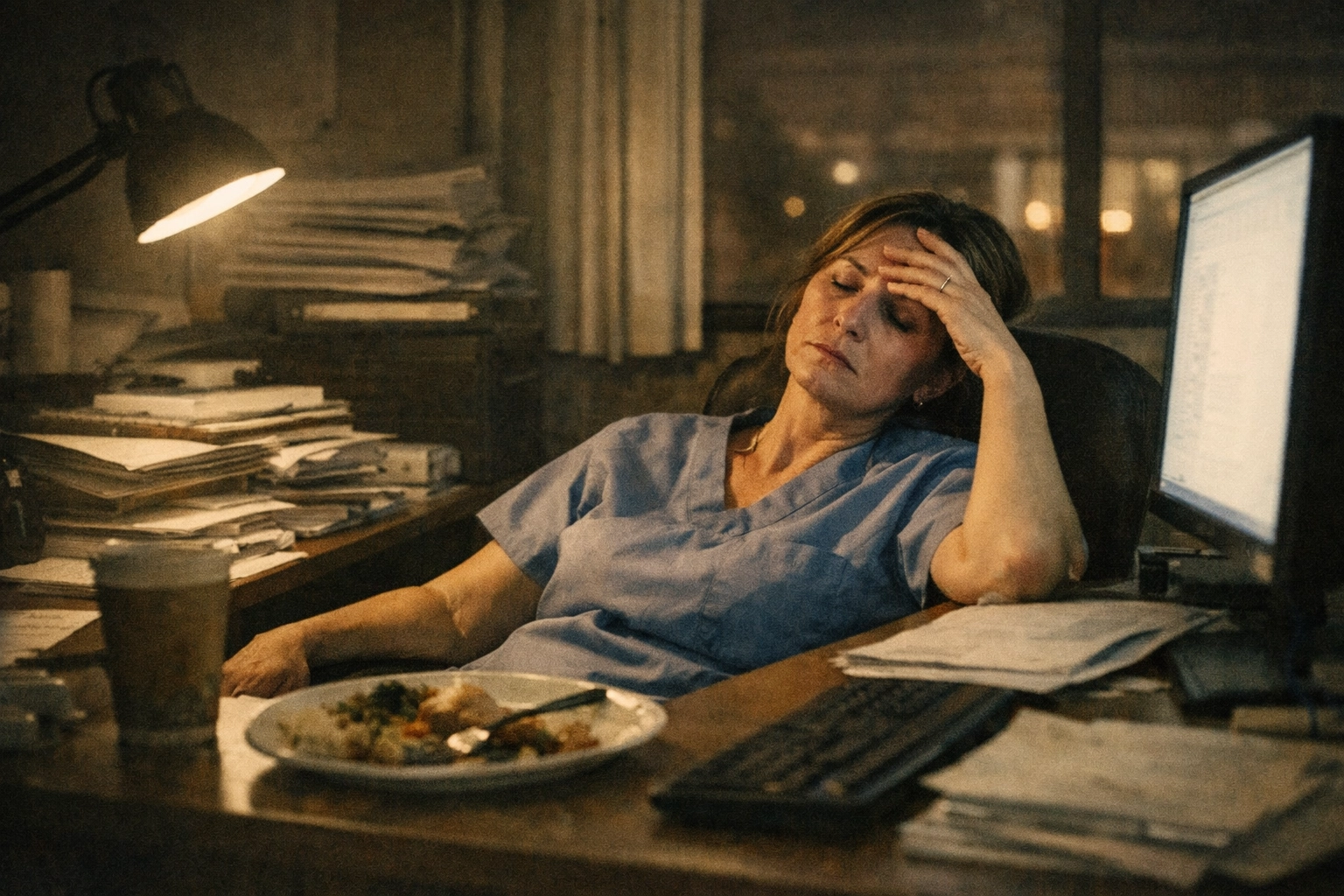 Overwhelmed healthcare provider experiencing burnout at cluttered desk late evening