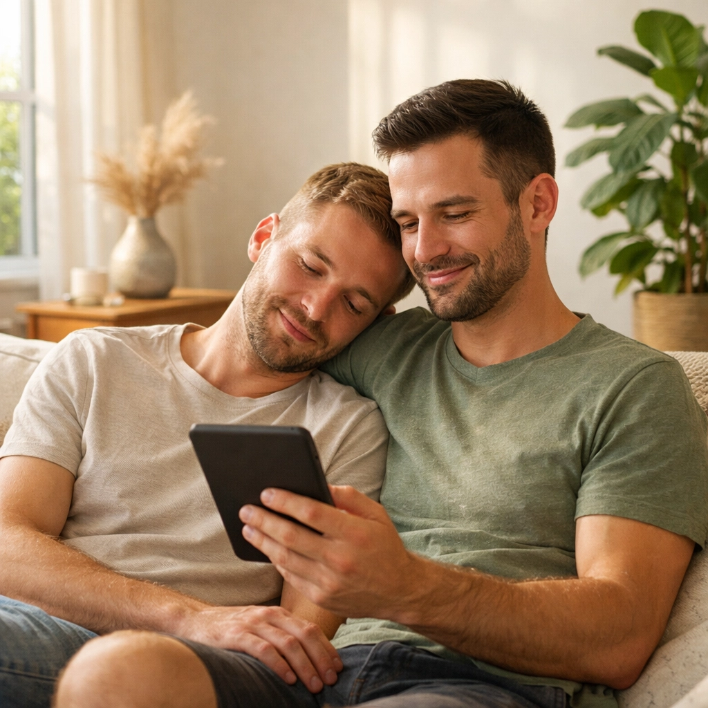 A gay couple sharing a quiet moment of sober intimacy while reading together in a sun-lit room.