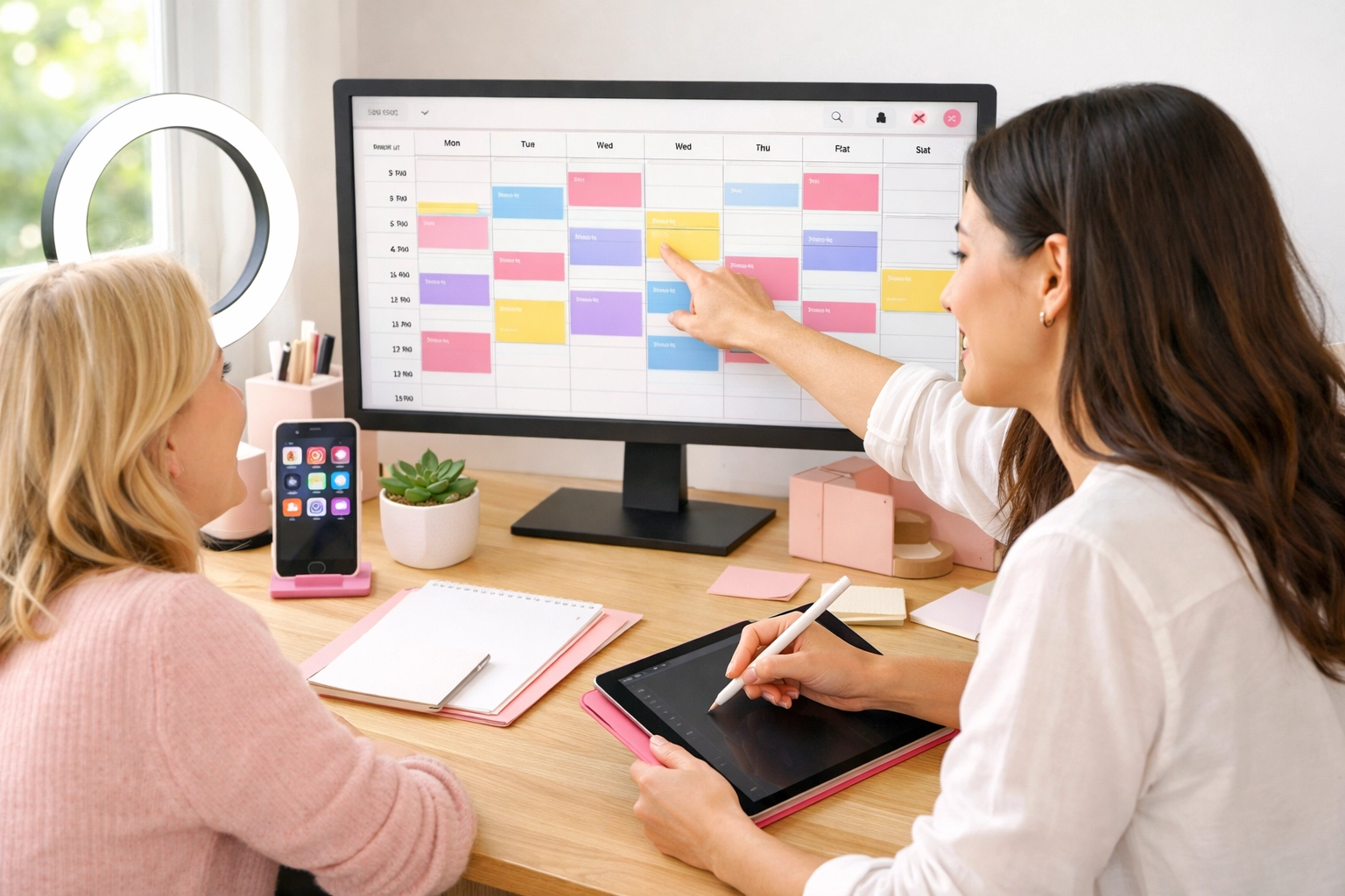 Social media manager and virtual assistant collaborating on shared content calendar