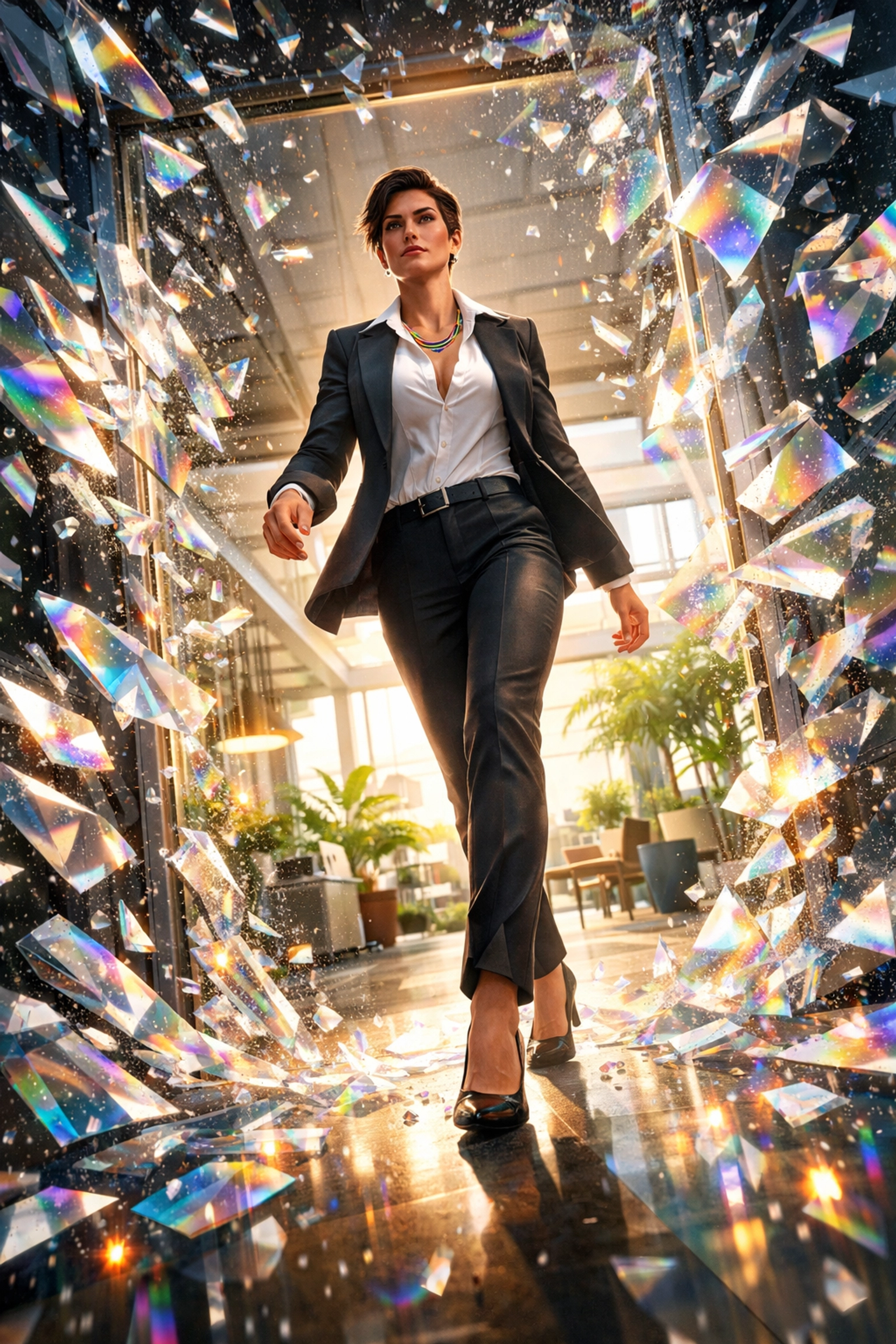 A lesbian professional breaking through barriers into a bright and inclusive modern workplace.