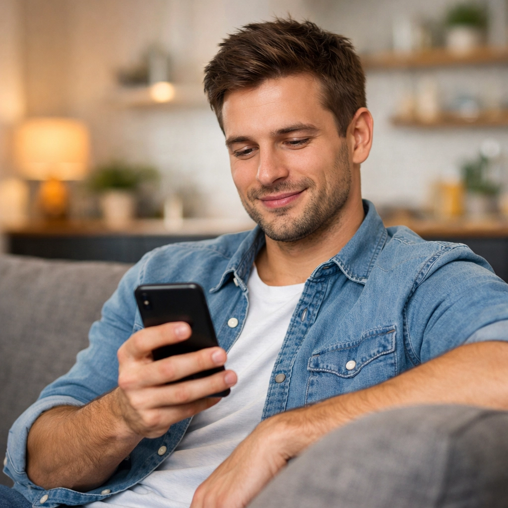 A man smiling while checking his payday loans Ontario repayment schedule on a smartphone.