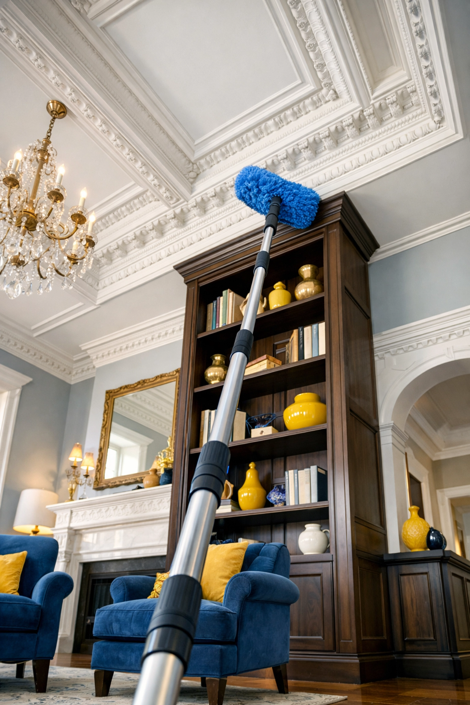 Using a professional duster for top-to-bottom house cleaning Lowell MA in a luxury home with high ceilings.
