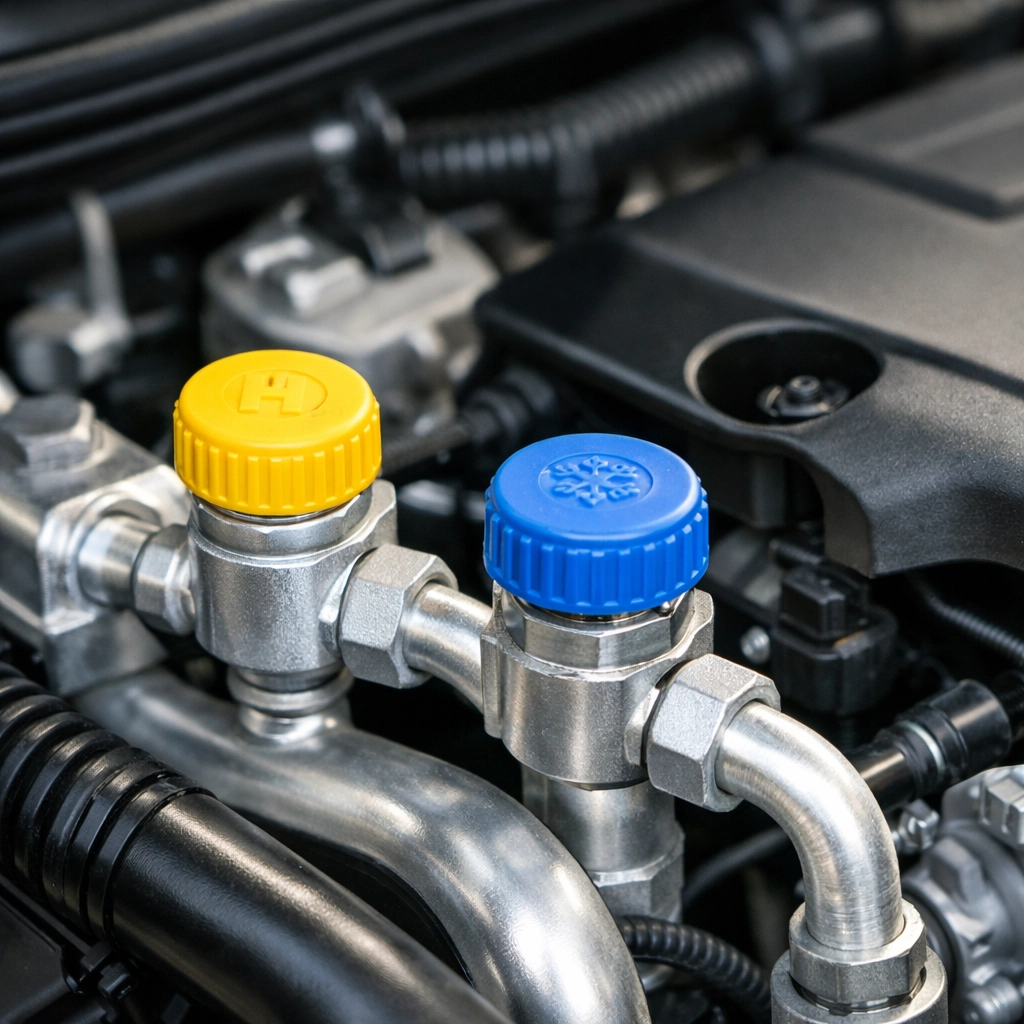 Close-up of car AC service ports in a modern engine requiring specialized R-1234yf refrigerant.