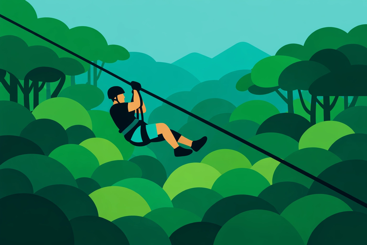 The Ultimate Guide to the Funnest Family Travel Activities in 2026 2 Modern graphic of a person zip-lining through a lush green Costa Rican rainforest canopy.