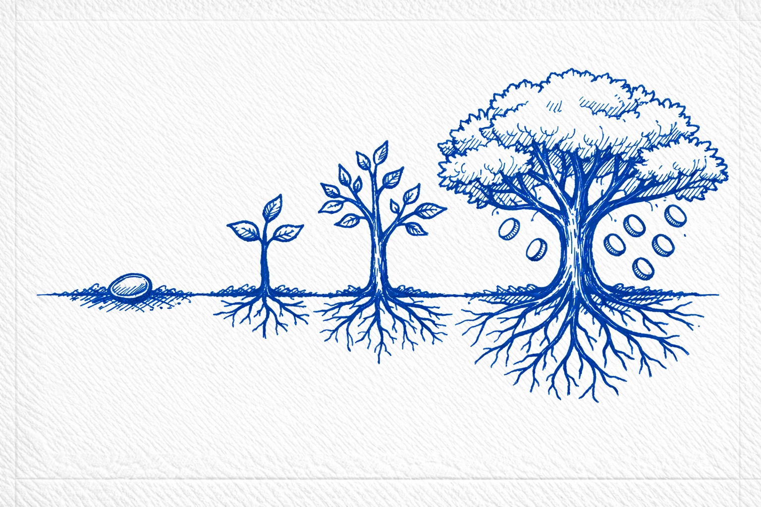 Blue marker napkin sketch of a seed growing into a large tree with coins falling from the branches.