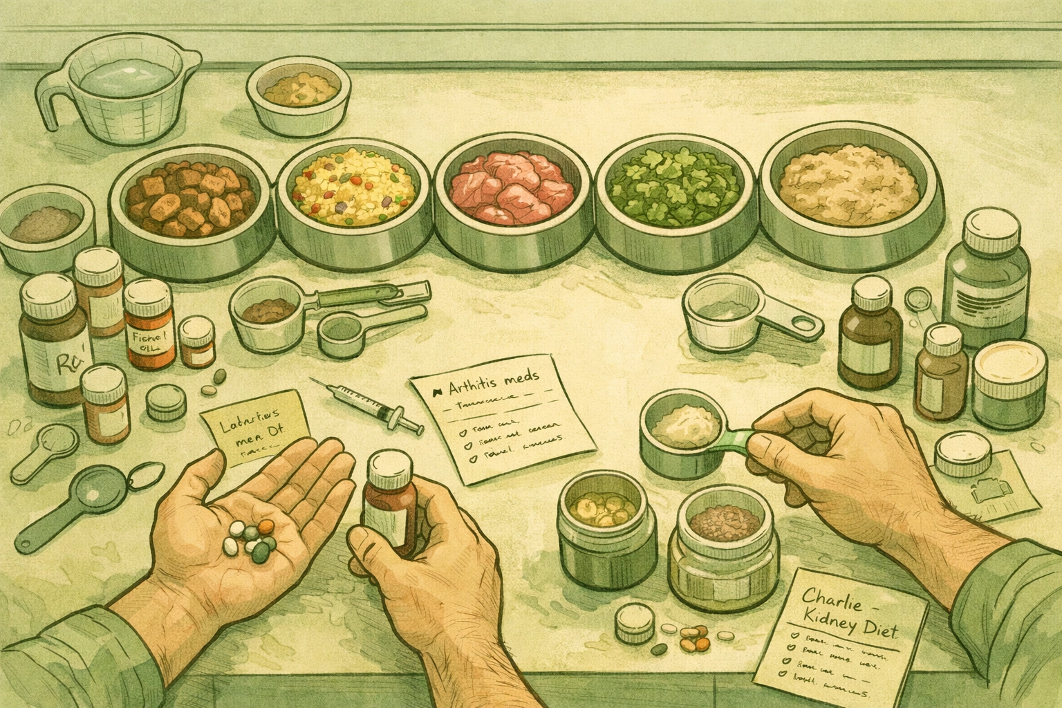 Preparing specialized meals and medications for senior rescue dogs daily routine