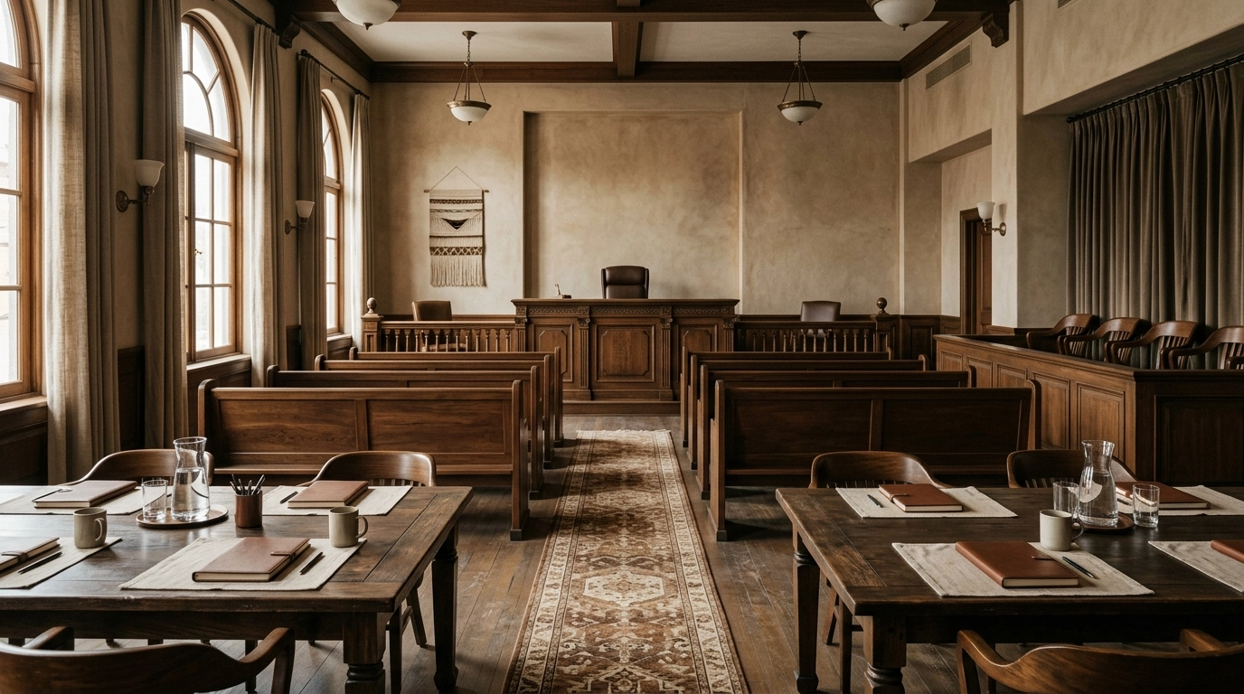 Empty courtroom with polished wood benches in a moody professional setting