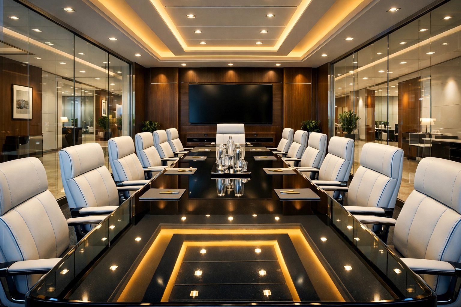 Luxury Burlington office conference room showcasing the professional results of a white-glove deep cleaning service.