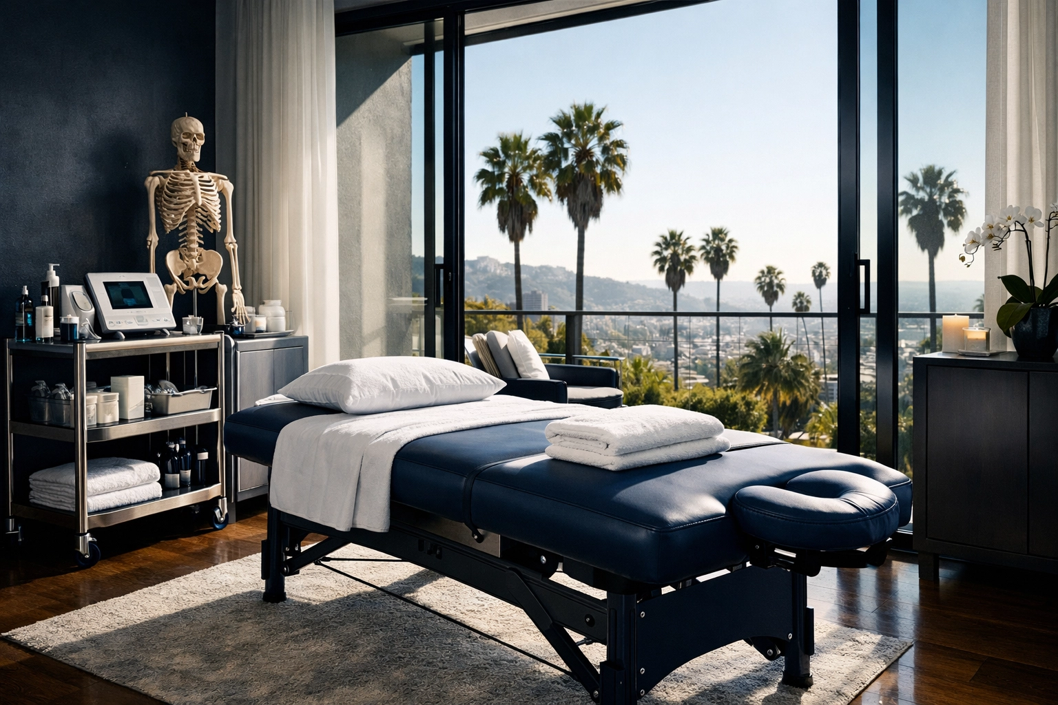 In-home clinical massage therapy setup in a Los Angeles home for professional PhysioMassage pain relief.