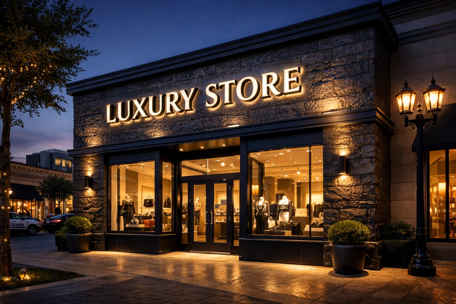 Upscale Dallas storefront featuring custom halo-lit channel letters on a stone wall for high-visibility branding.