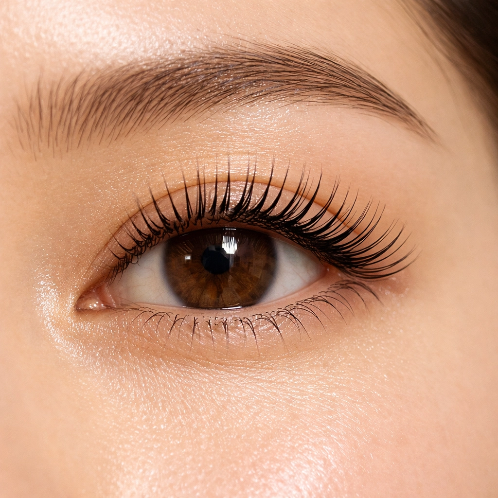 Extreme close-up of a healthy Korean lash lift with shiny, perfectly separated curls on a natural eye.