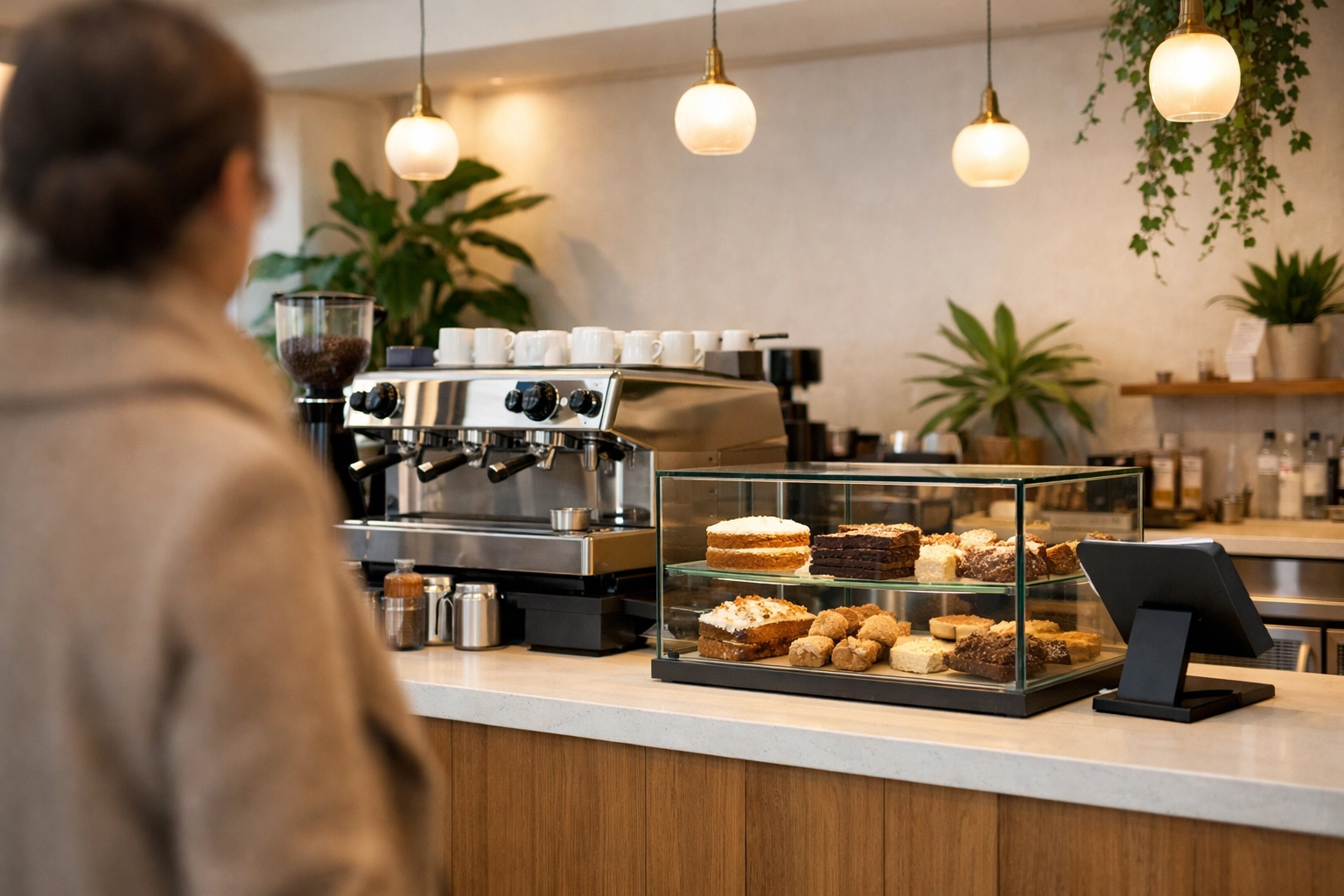 A minimalist London coffee shop counter featuring a modern tablet-based till system and espresso machine.