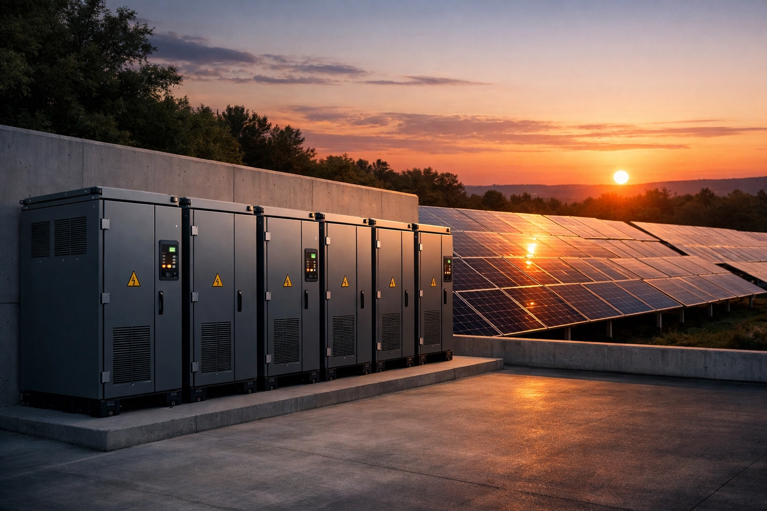 Commercial solar panels and battery storage units at an industrial facility for business energy independence.