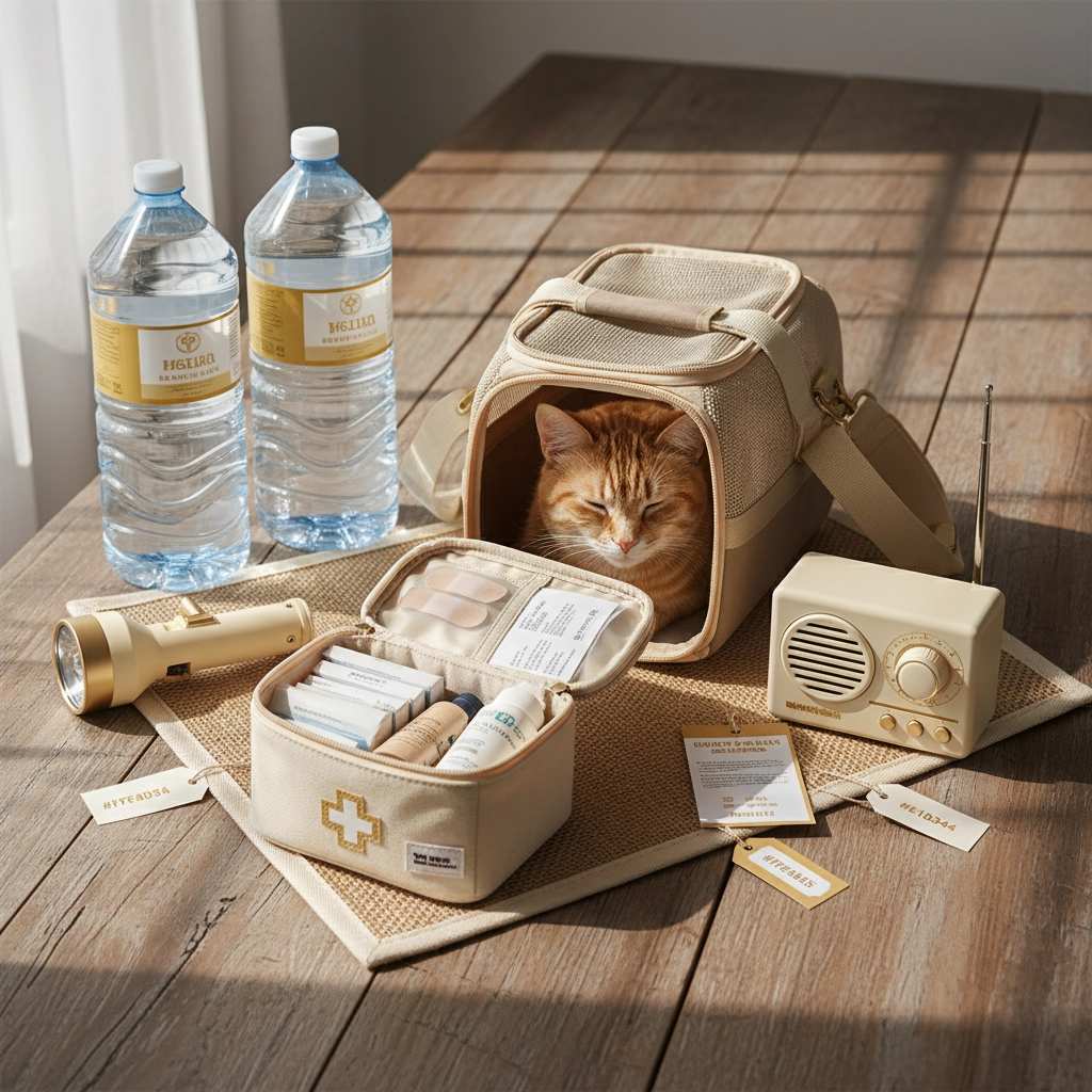 A picture of a cat in a small carrier sits on a wooden table in front of a window. The sun is streaming through the window. In front of the cat is a medical kit and a flashlight; two bottles are to the left of it, and an emergency radio to the right. How to Create a Family Emergency Plan in 5 Minutes (Even with Crazy Schedules)