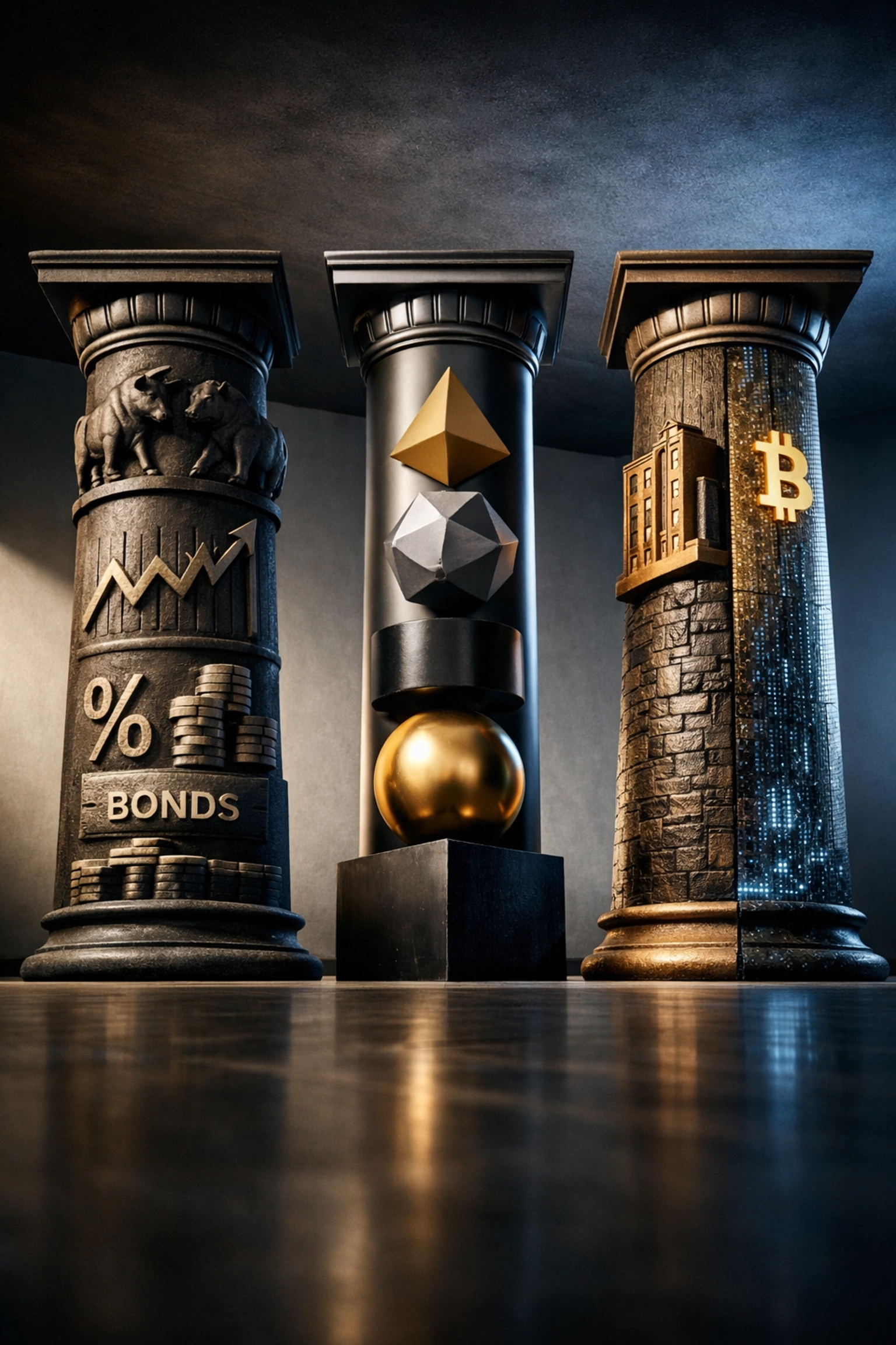 Three pillars representing diversified investment strategy: traditional assets, alternatives, and real estate