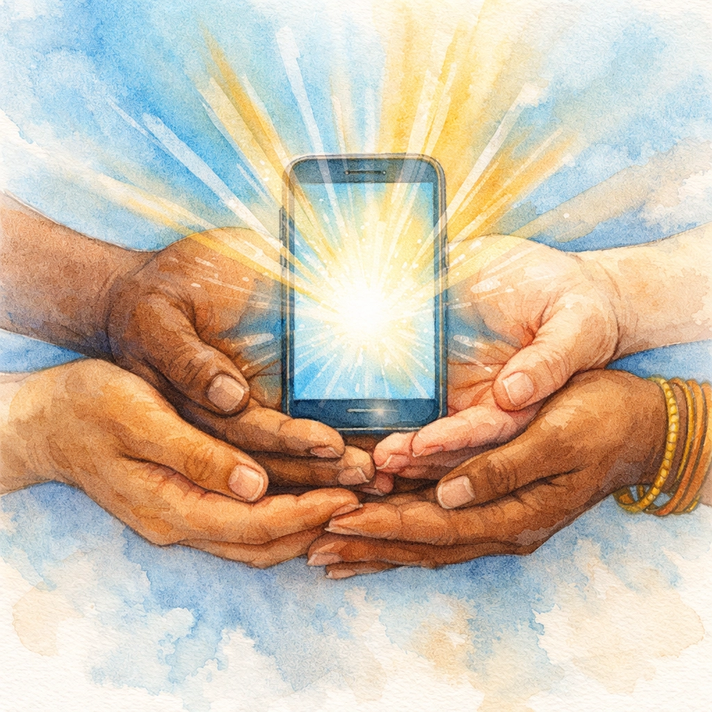 Diverse hands holding smartphone with spiritual light for prayer and connection
