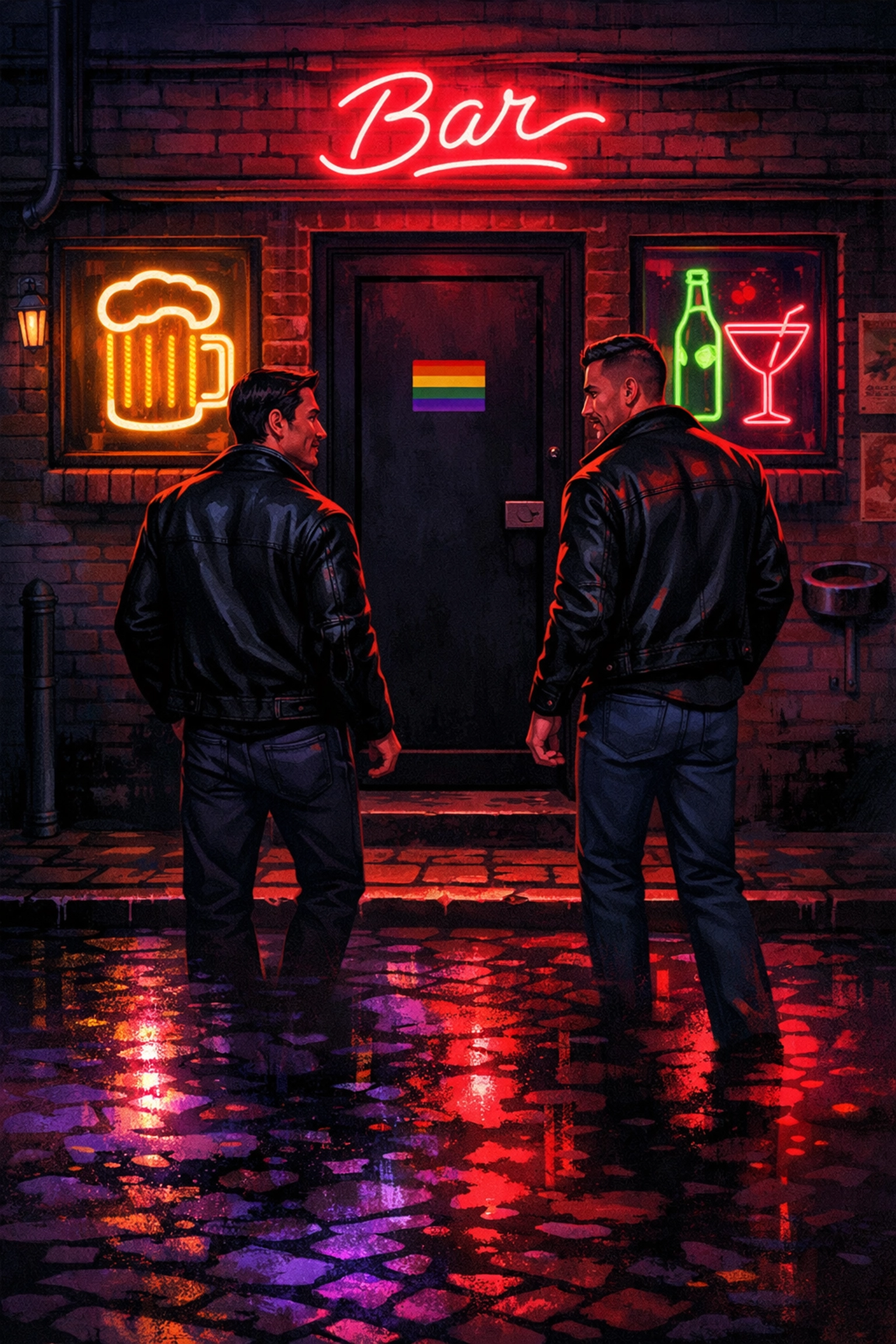 Gay bar entrance at night with neon signs and LGBTQ+ patrons arriving