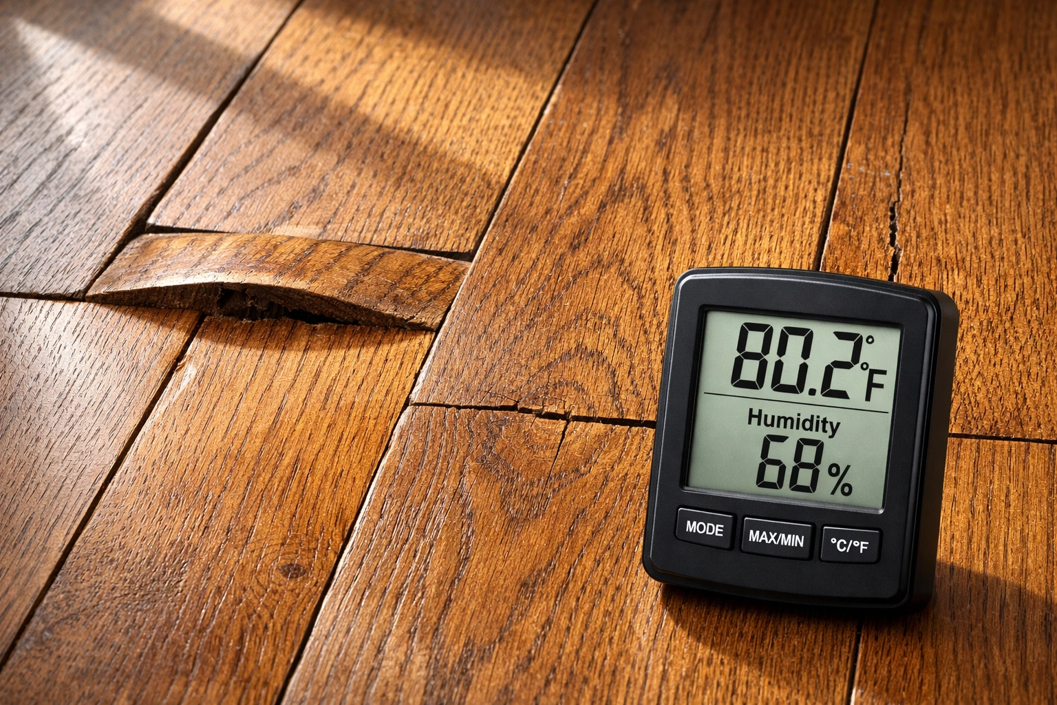 Thermometer on hardwood floor checking temperature for proper refinishing material application