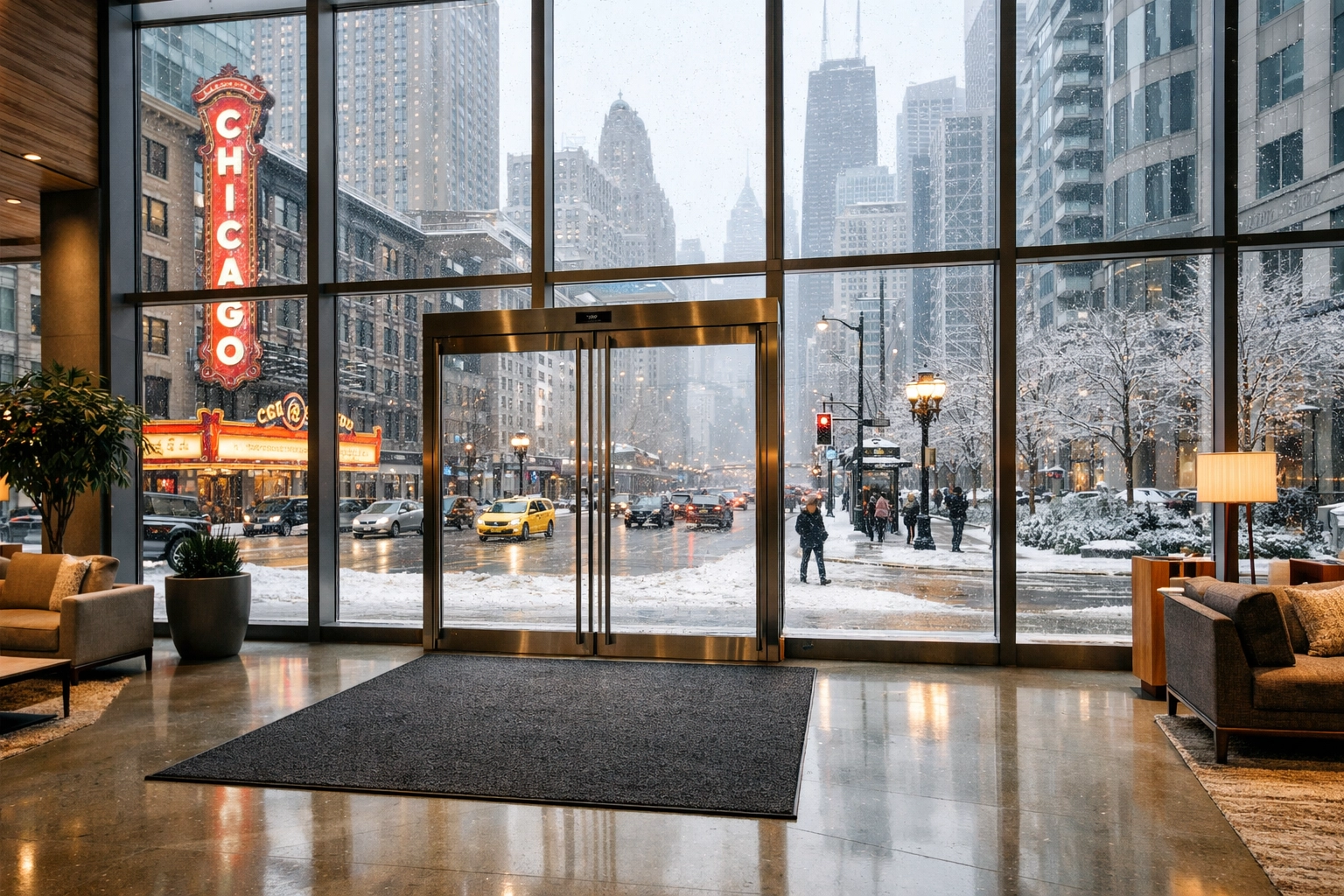 Clean Chicago apartment lobby with floor mats during a snowy winter day.