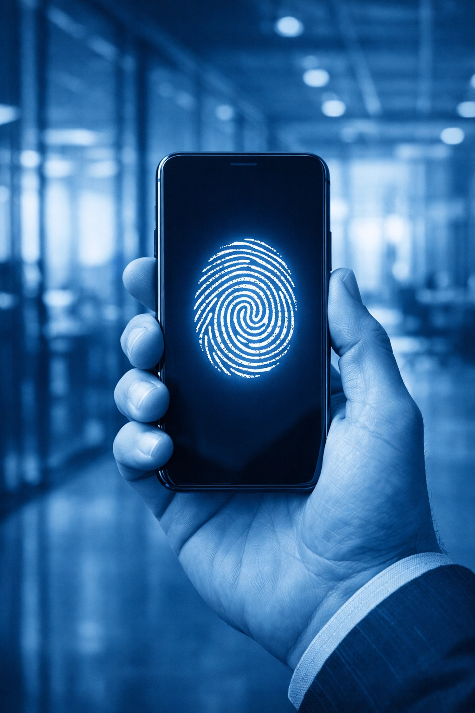 Smartphone showing biometric authentication for secure multi-factor login in a modern office.