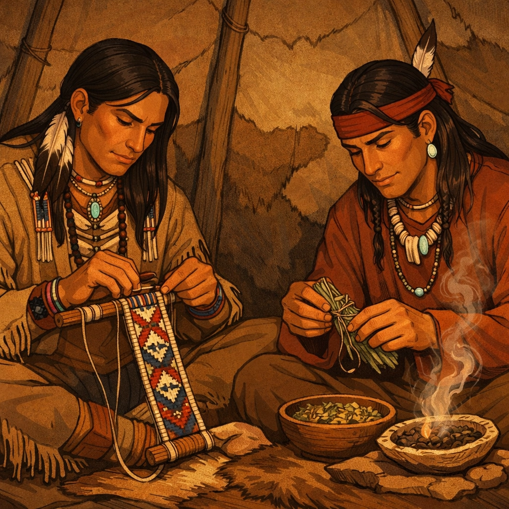 Two Native American men sharing traditional skills inside lodge, one weaving while other prepares herbs