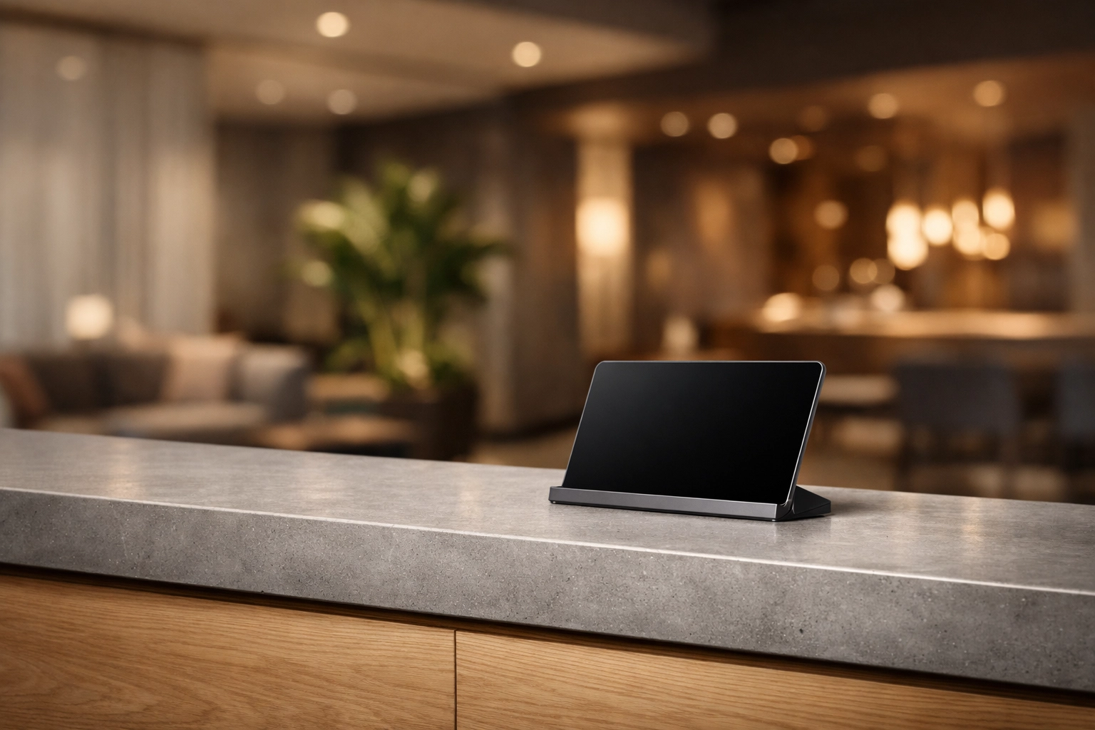 Modern hotel lobby featuring integrated hospitality technology and a digital tablet for seamless guest check-in.