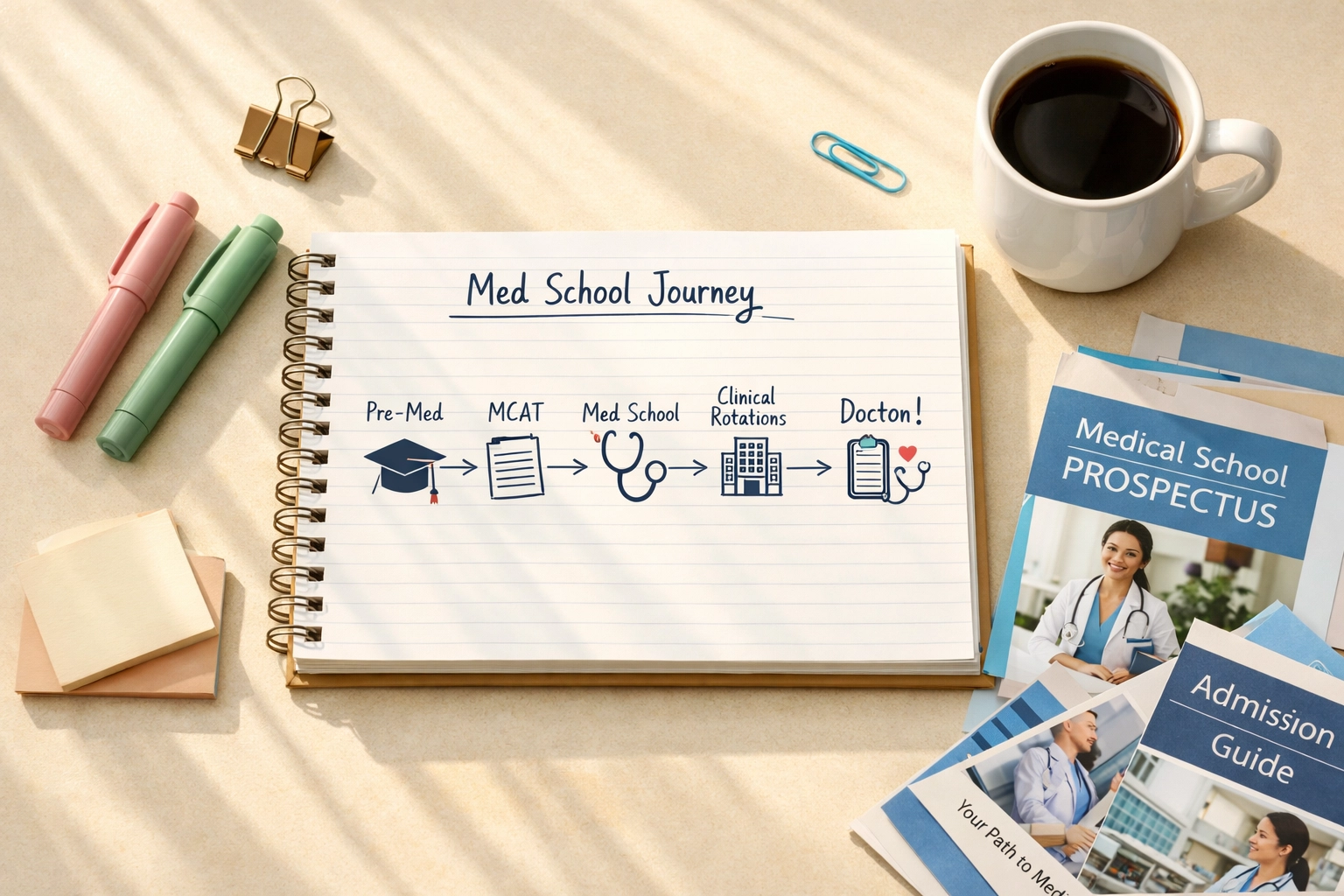 Medical school application timeline with organized study planner and prospectus materials for Year 12 students