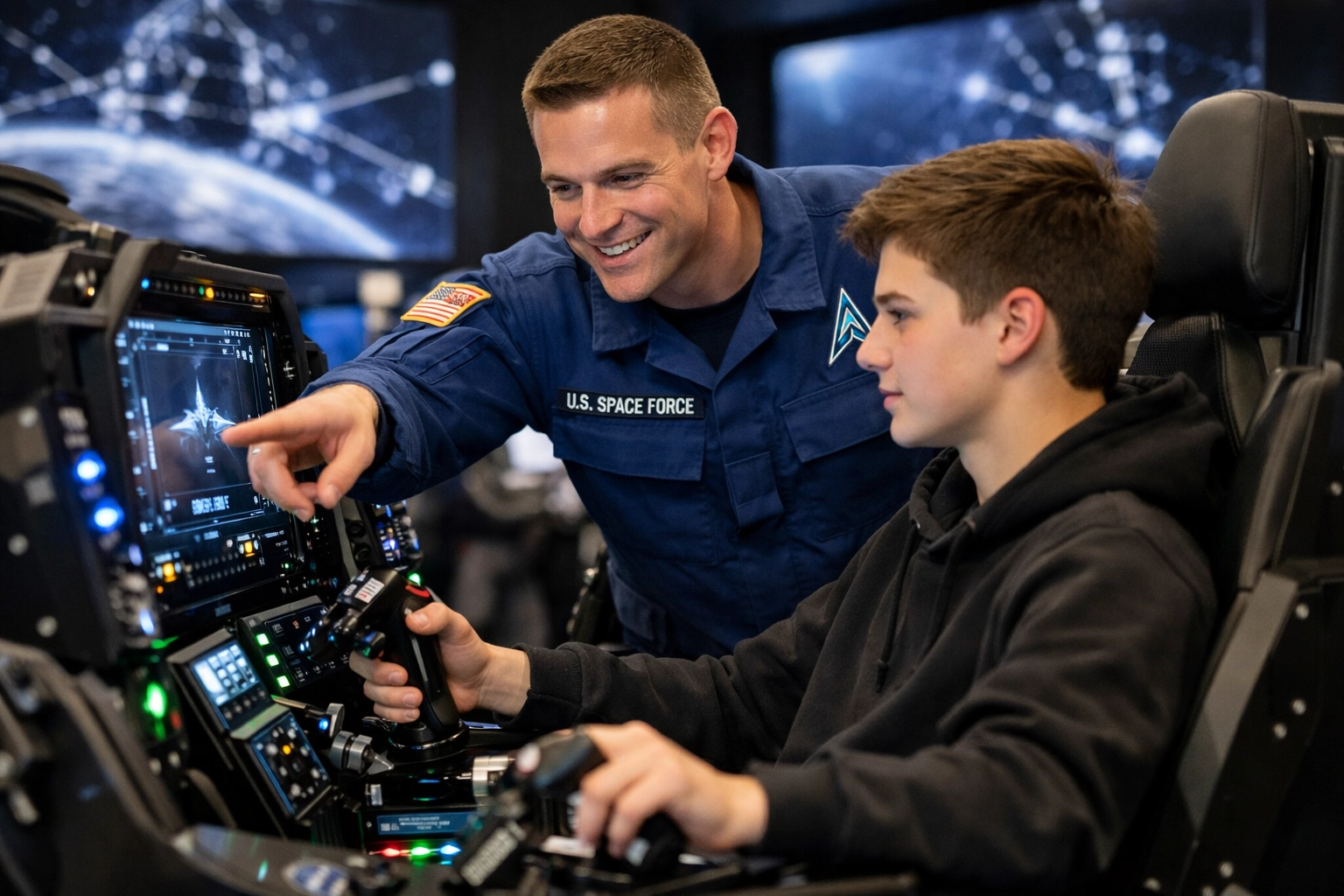 A Space Force recruiter mentoring a student on a compact modular simulator at a high-tech recruitment event.