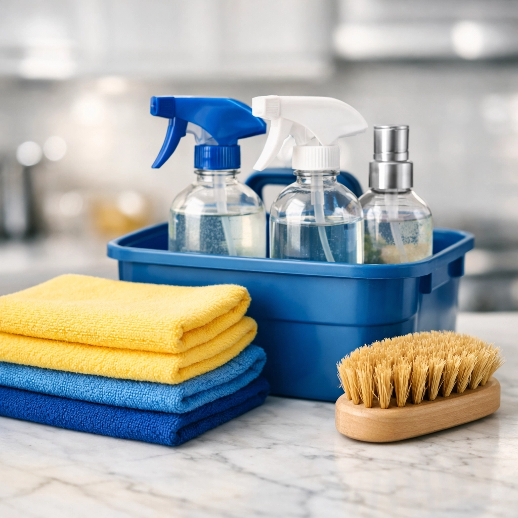 Close-up of eco-friendly supplies used for high-quality MetroWest cleaning services in Massachusetts homes.