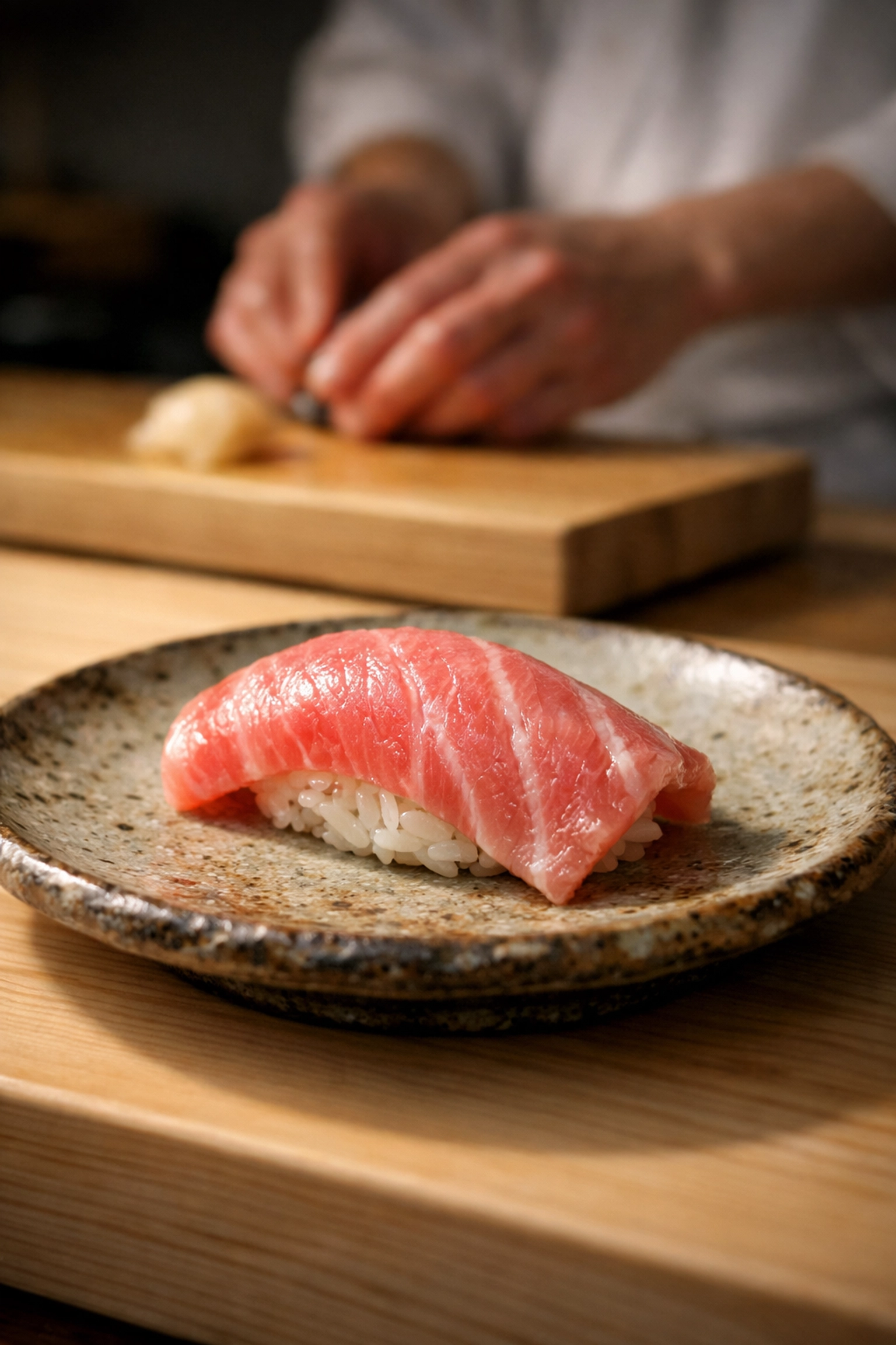 Premium Otoro tuna nigiri sushi at a high-end Ginza bar, one of the best photo spots in Tokyo.