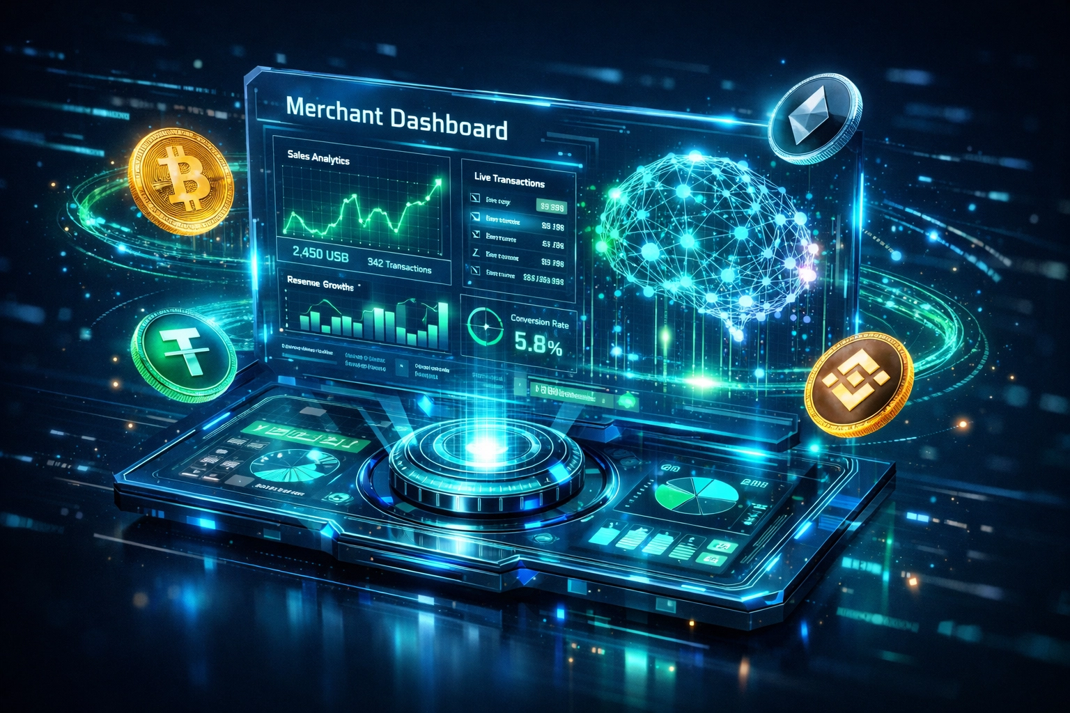 Larecoin AI-powered merchant dashboard displaying real-time crypto transaction analytics and data