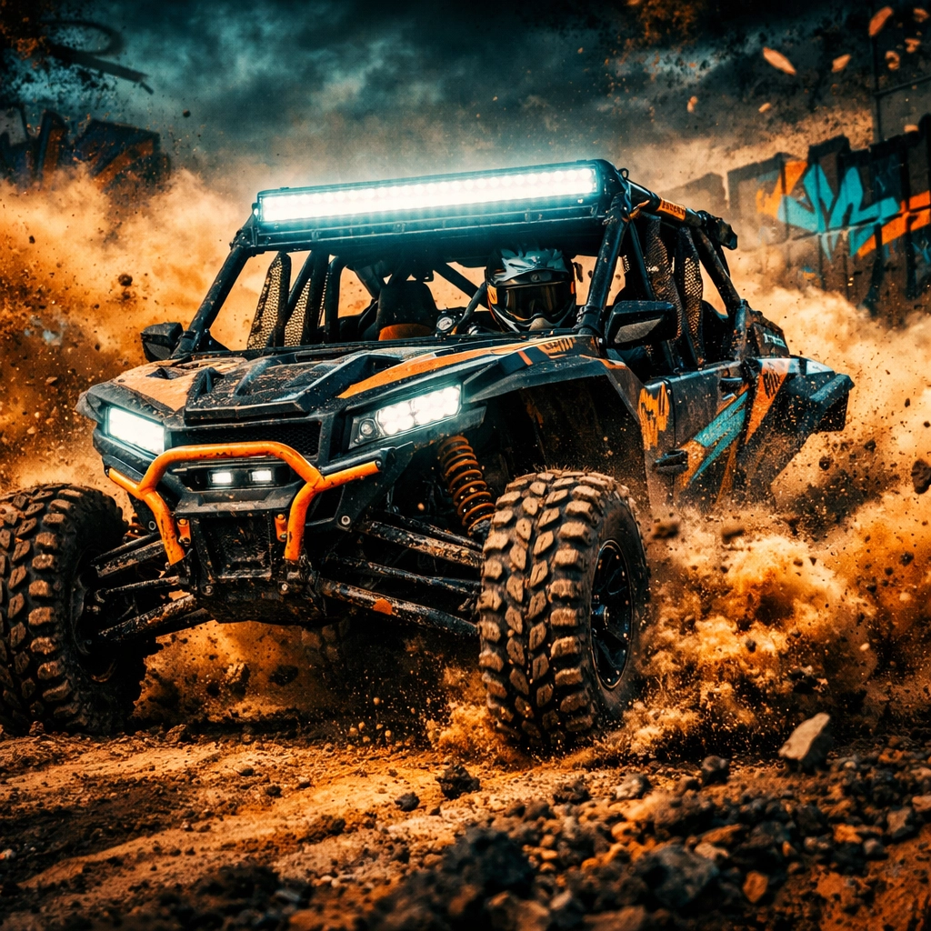 Custom side-by-side ATV with powerful LED light bars kicking up dust on an off-road trail.