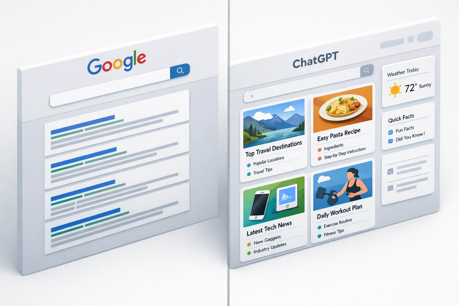 Comparison of Google search results and ChatGPT visual interface showing SERP evolution