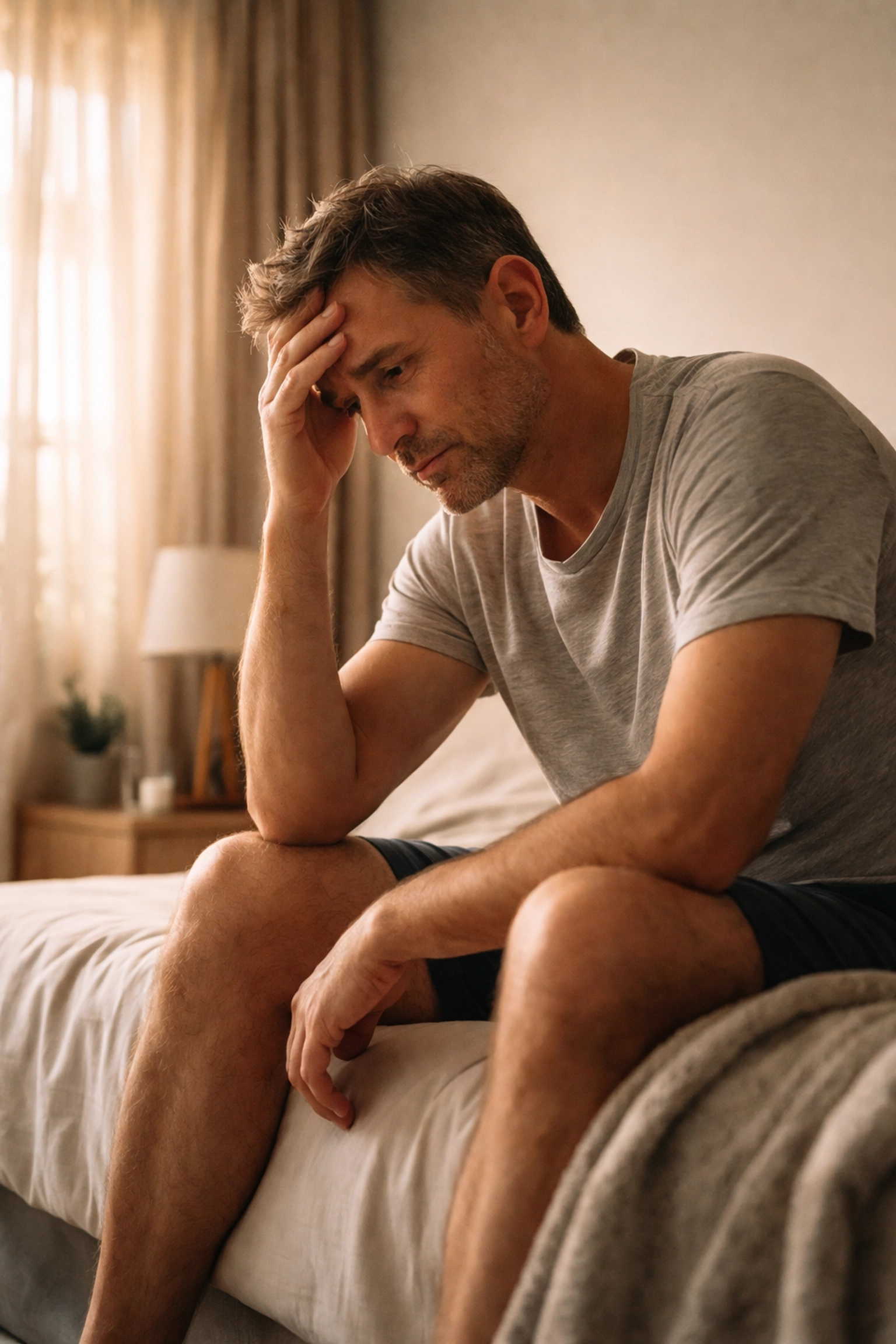 Middle-aged man sits on his bed at dawn, reflecting on symptoms of low testosterone and fatigue.