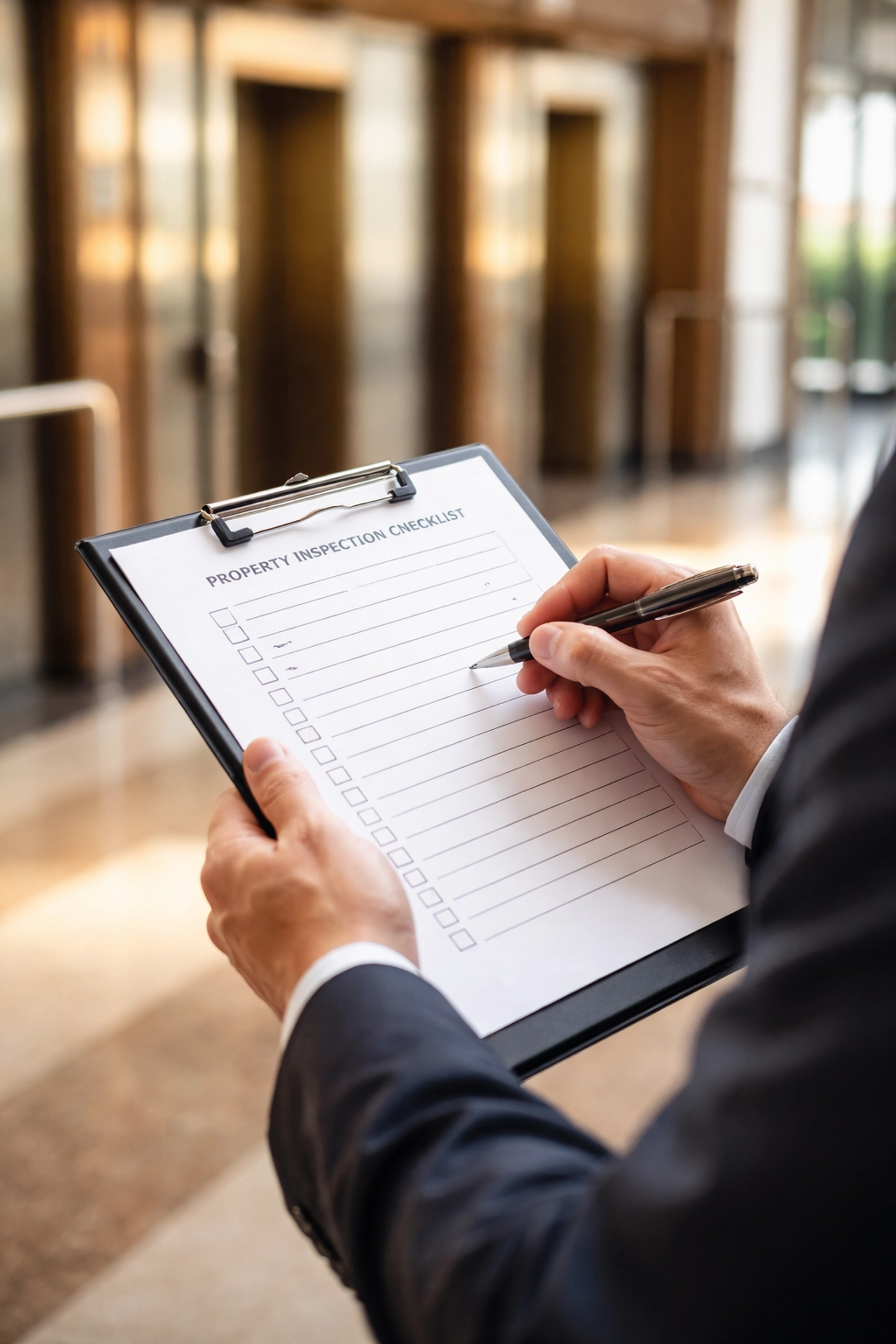 Property manager reviewing a maintenance checklist in a modern office lobby with brass elevator doors
